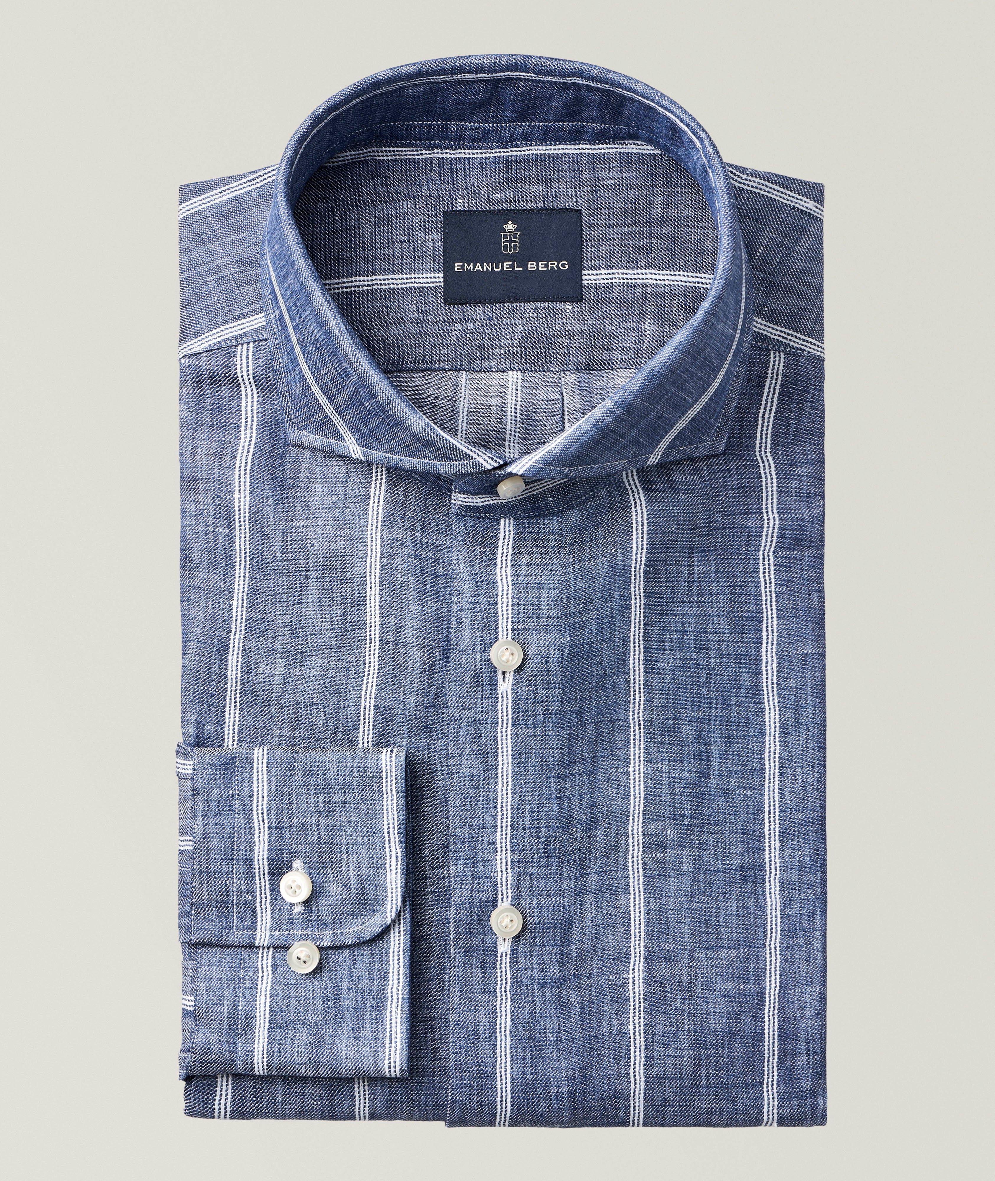 Emanuel Berg Luxe Sartorial Striped Linen Dress Shirt