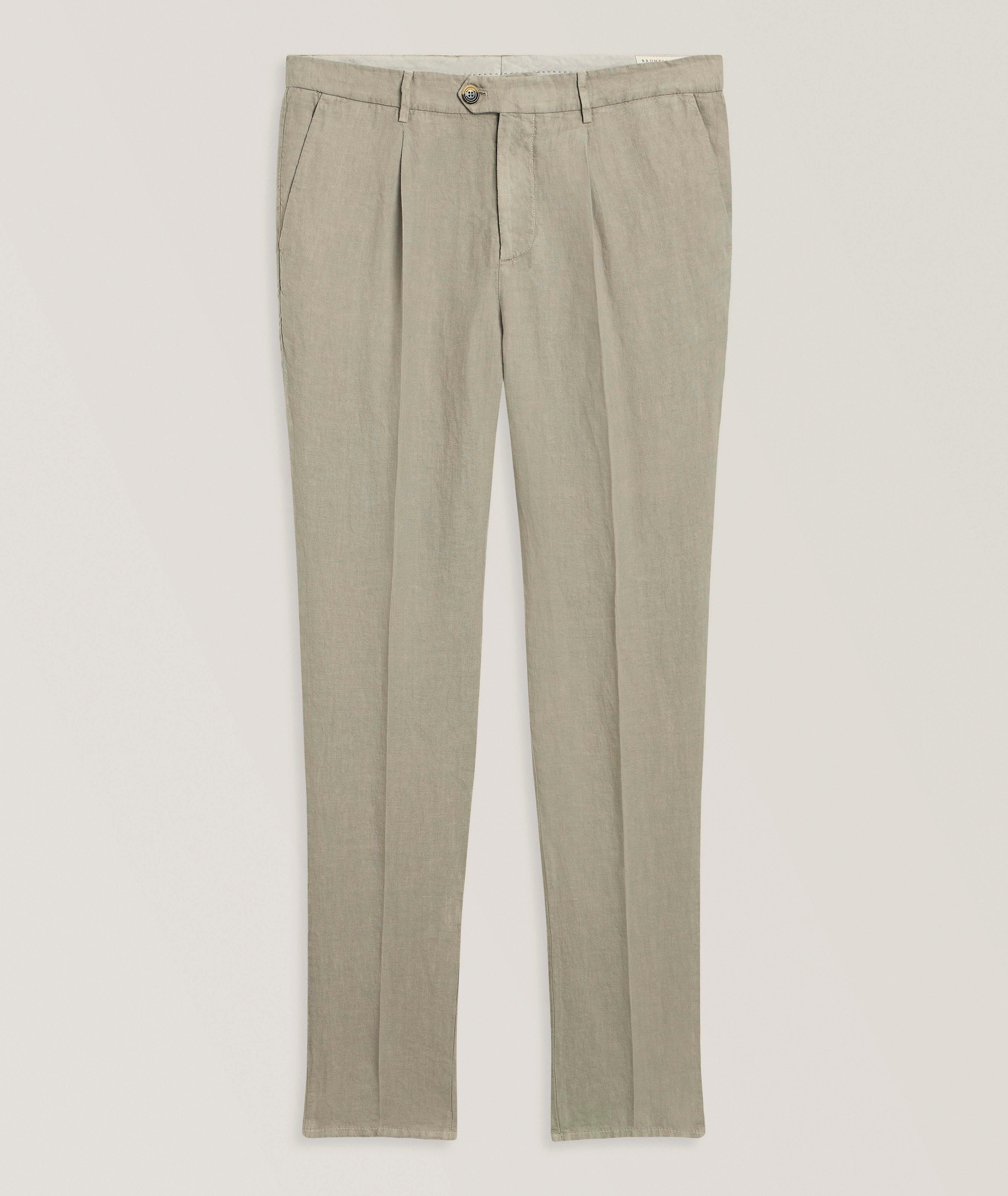 Brunello Cucinelli Leisure-Fit Linen Pleated Dress Pants