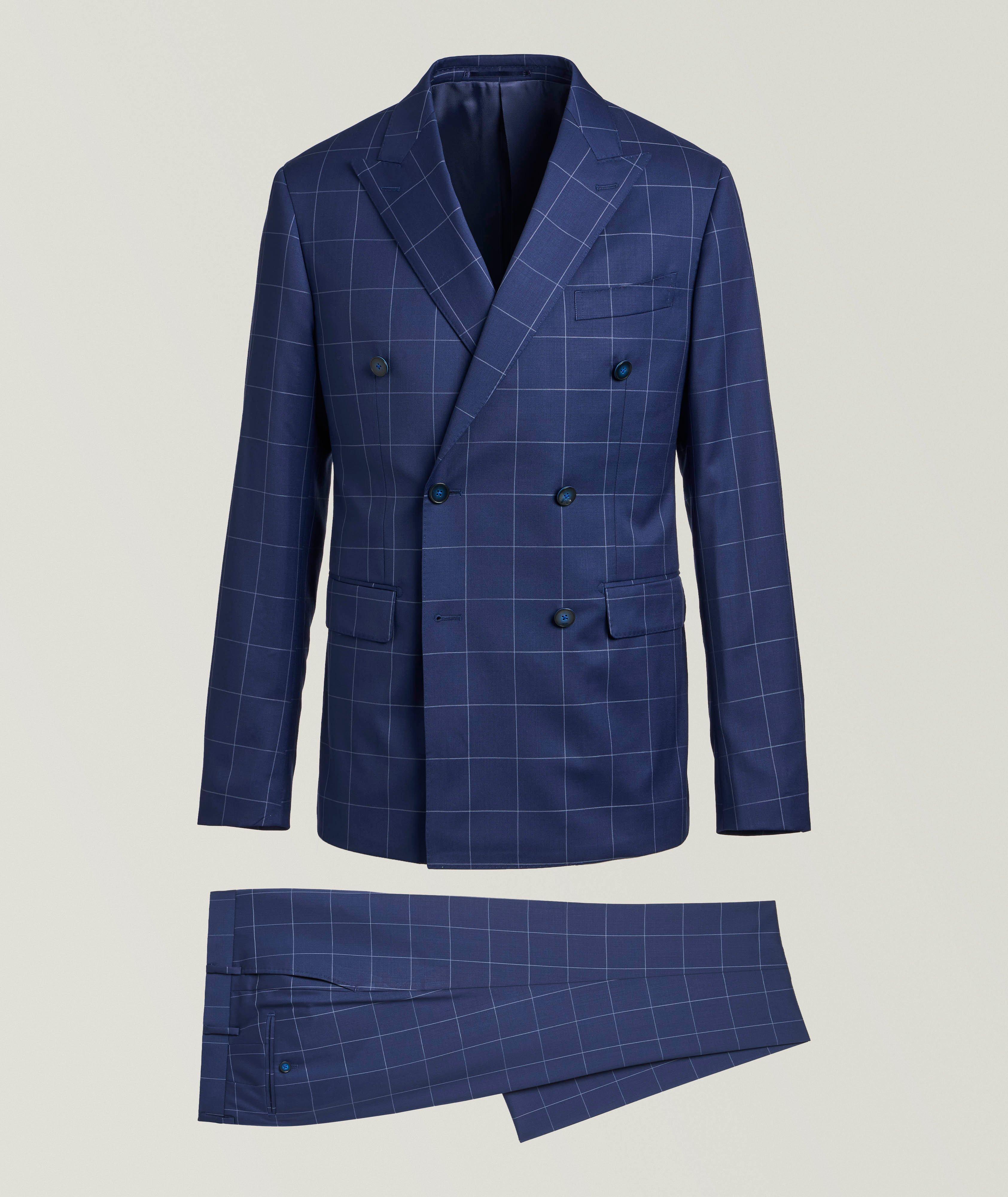 Harold Double-Breasted Windowpane Check Wool Suit 