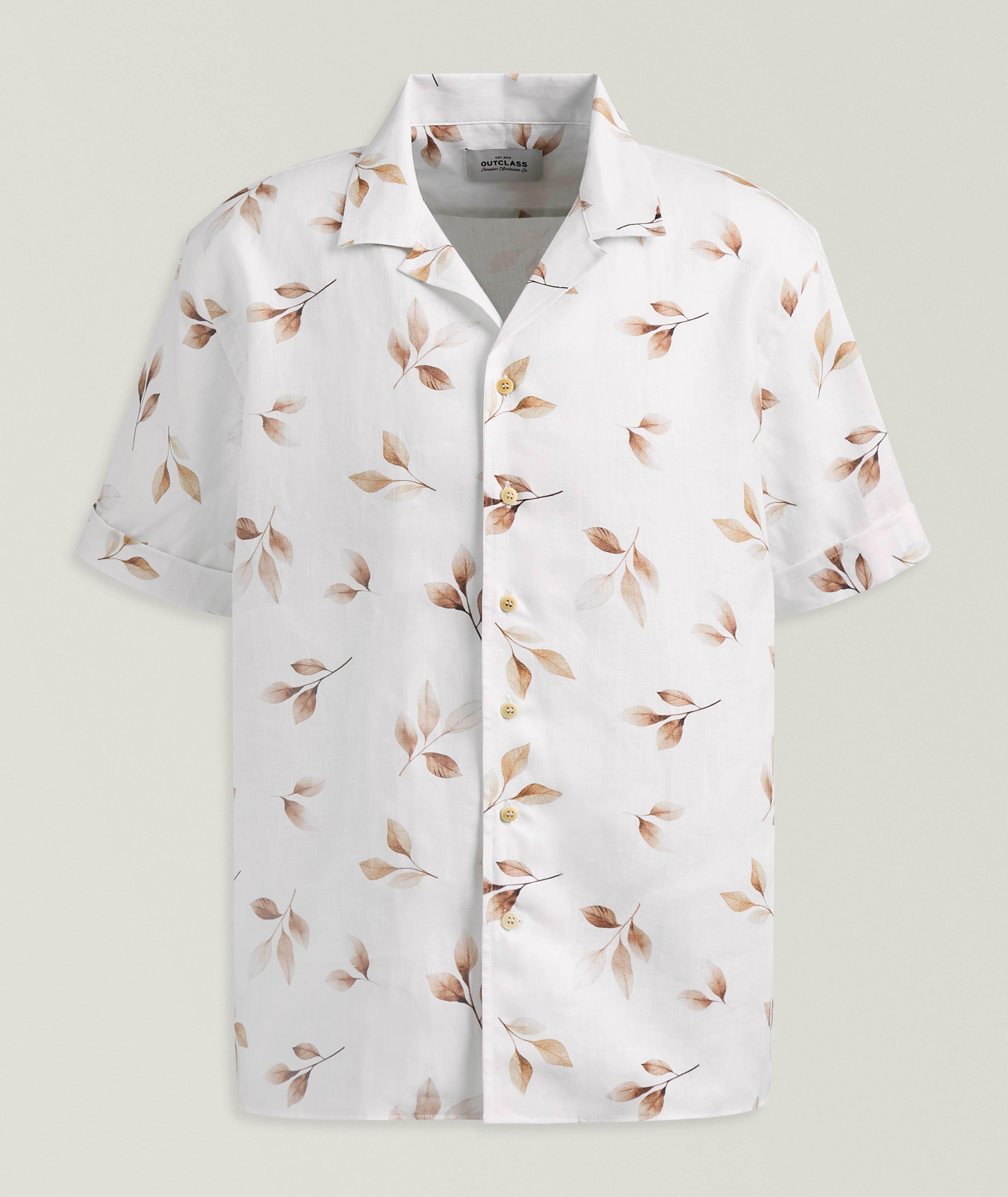 Outclass Leaf-Print Linen Havana Shirt 