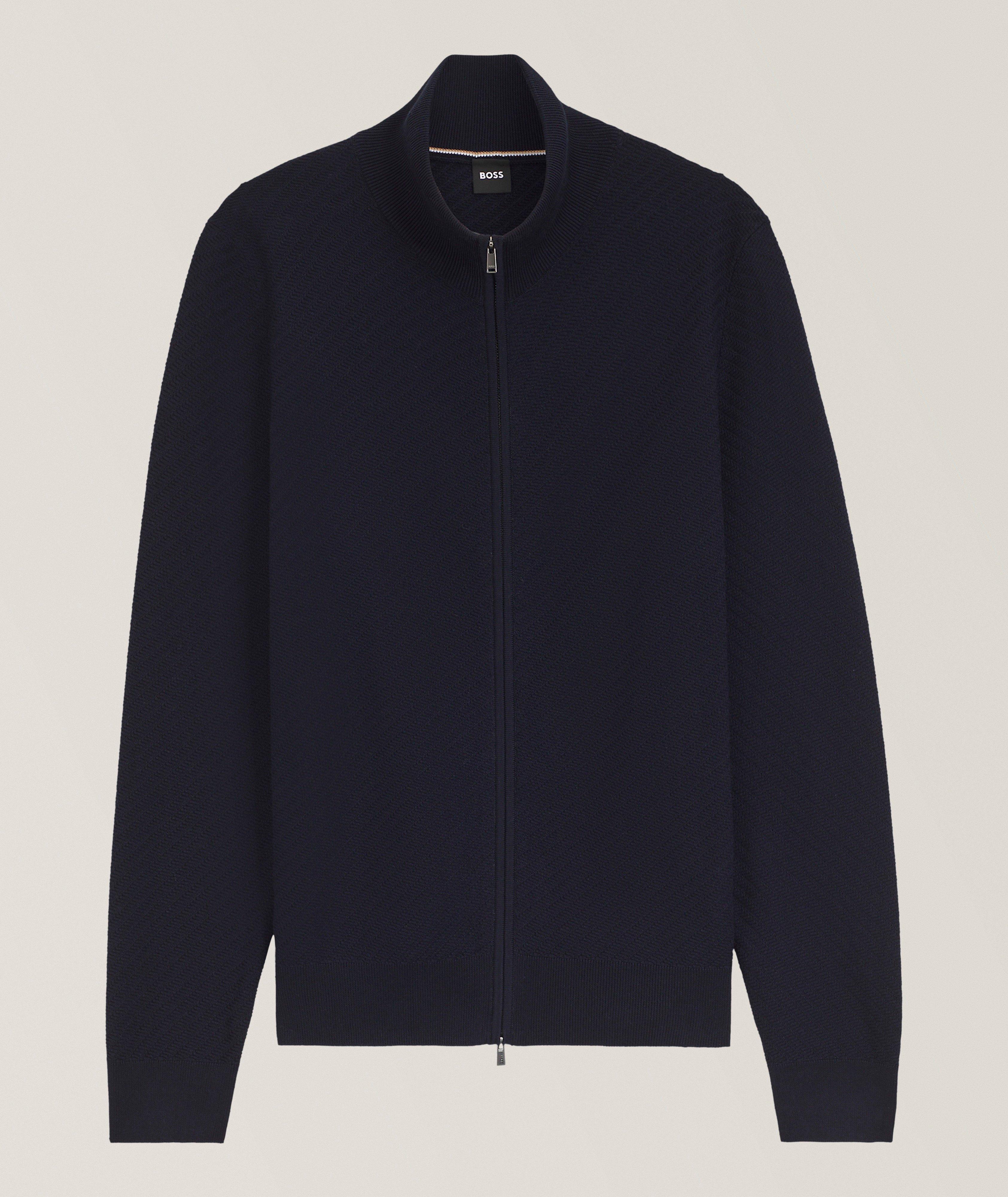 BOSS Loretti Diagonal Knit Cotton Zip Cardigan 