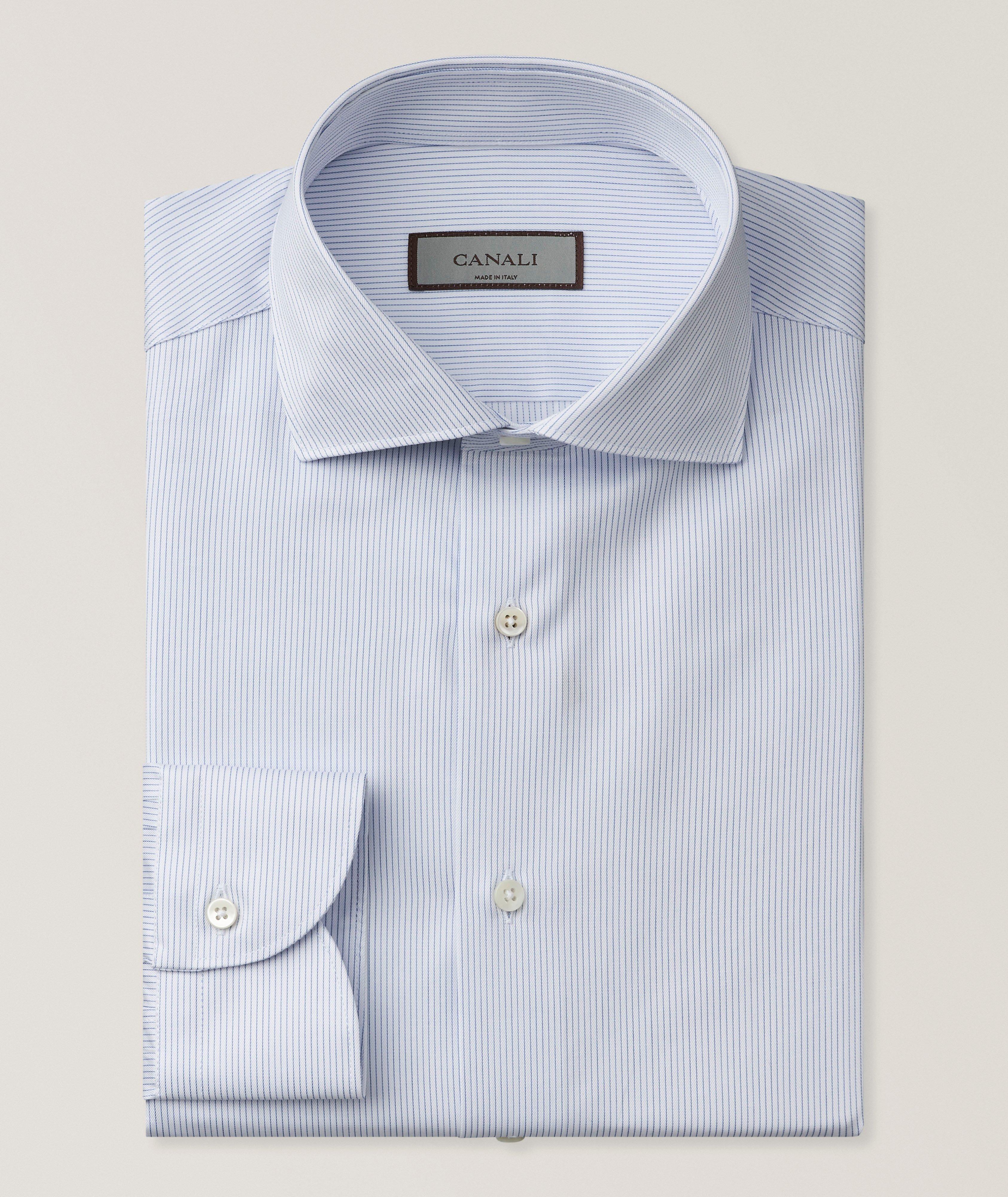 slim fit dress slacks Canali Dress Shirt Exclusive White Navy Blue Stripes - Modern Fit 39