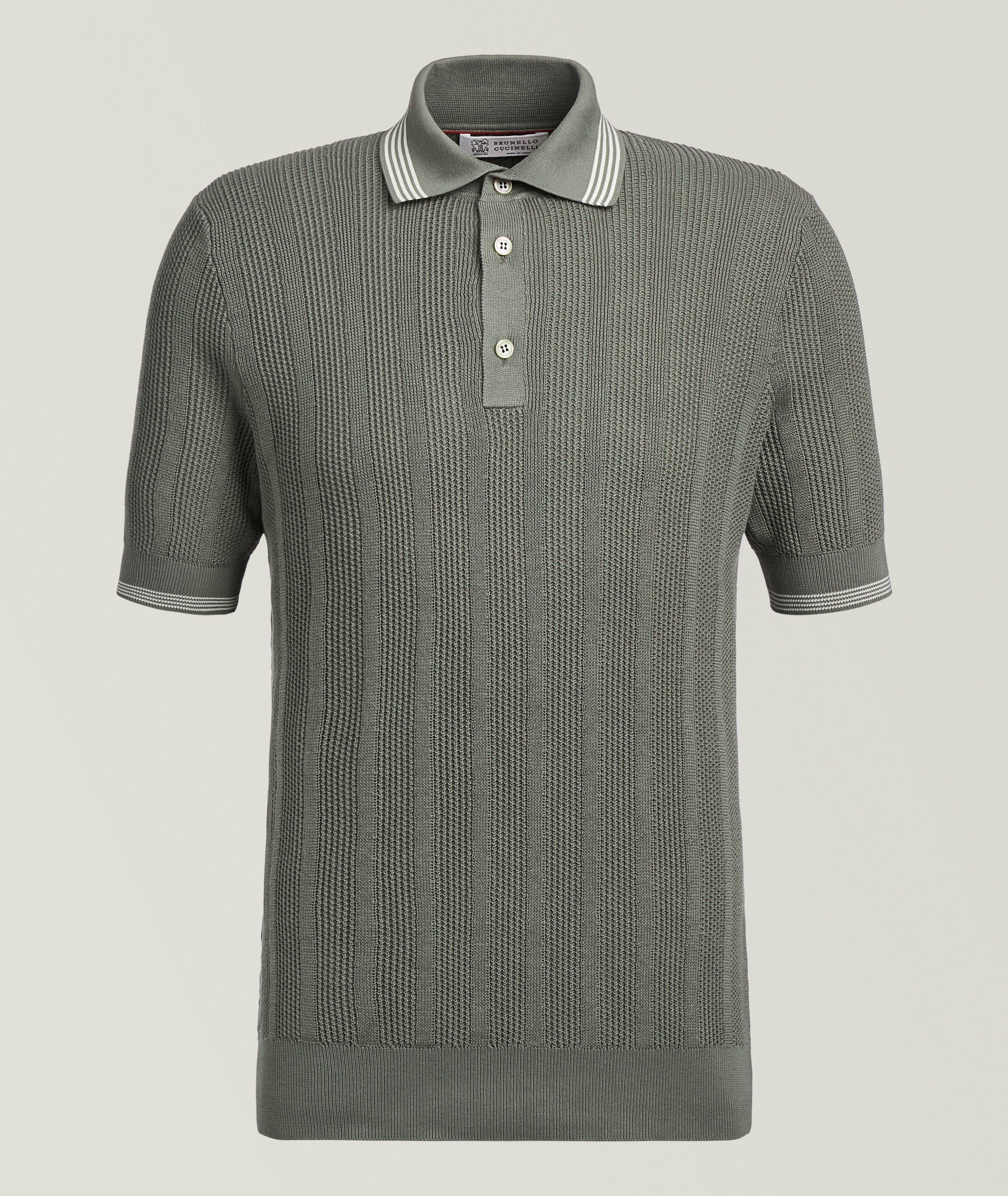 Brunello Cucinelli Textured Cotton Rib Knit Polo | Sweaters