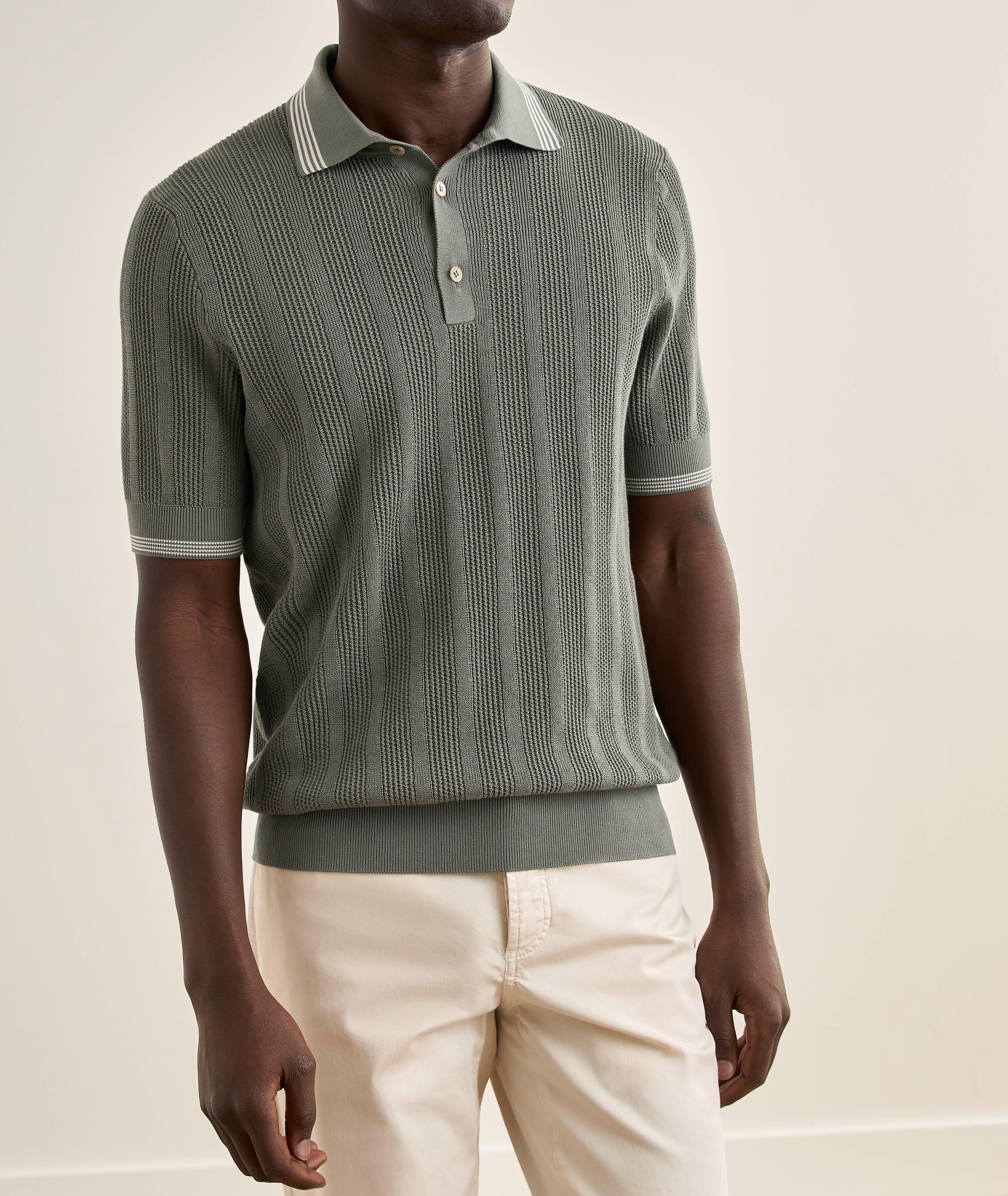 Brunello Cucinelli Textured Cotton Rib Knit Polo | Sweaters