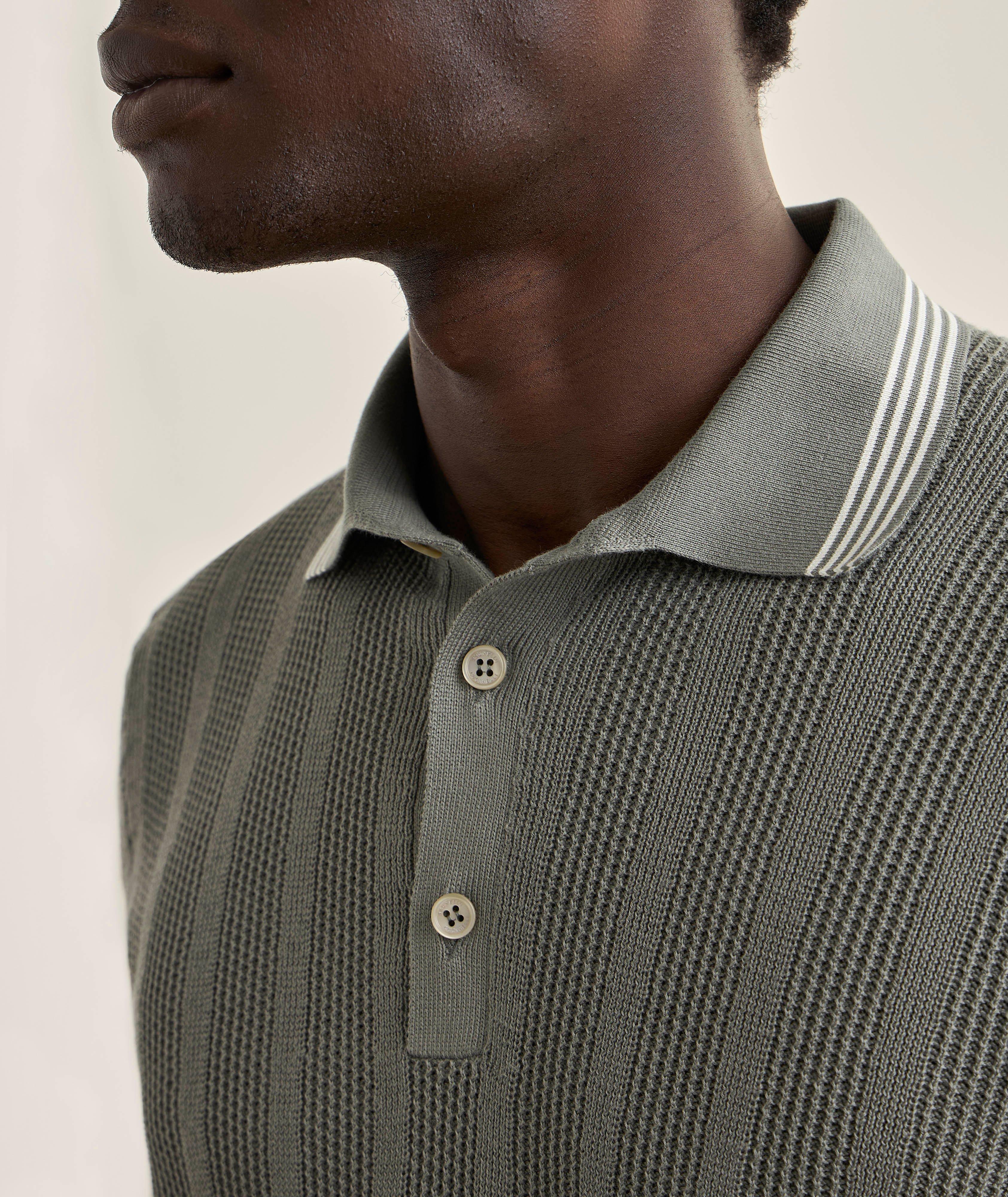 Brunello Cucinelli Textured Cotton Rib Knit Polo | Sweaters