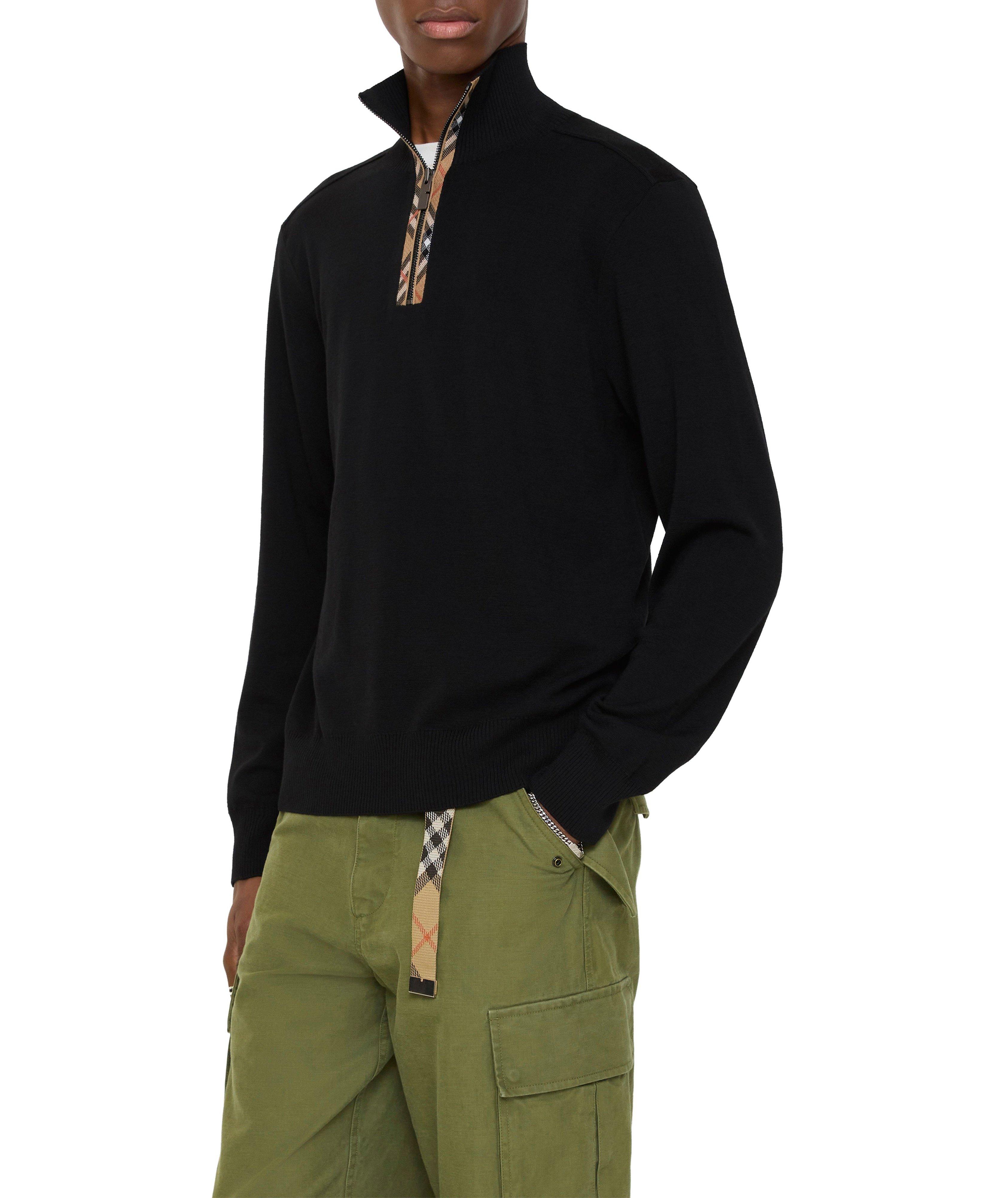 Checked Trim Wool Quarter-Zip Sweater image 2