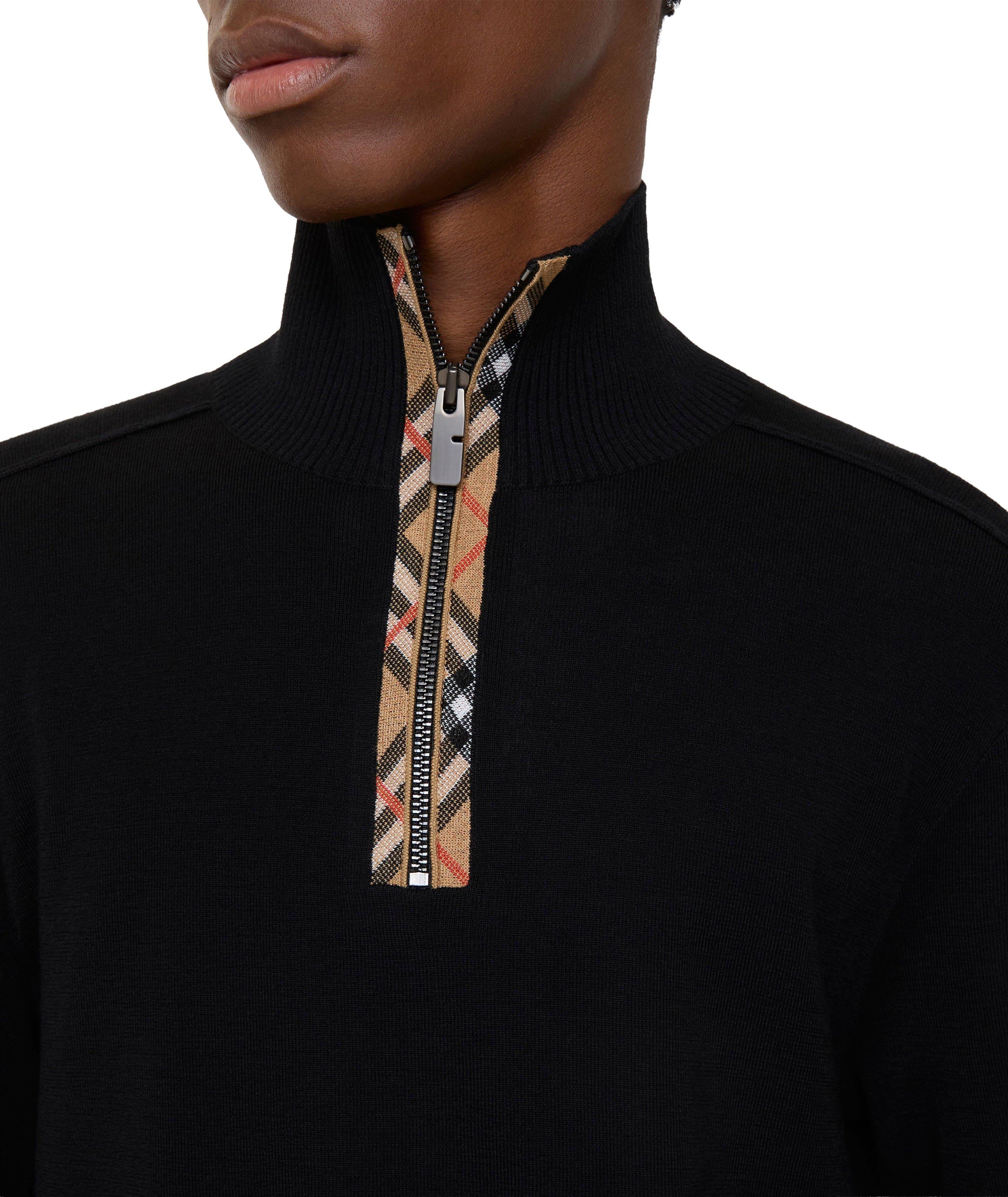 Checked Trim Wool Quarter-Zip Sweater image 3