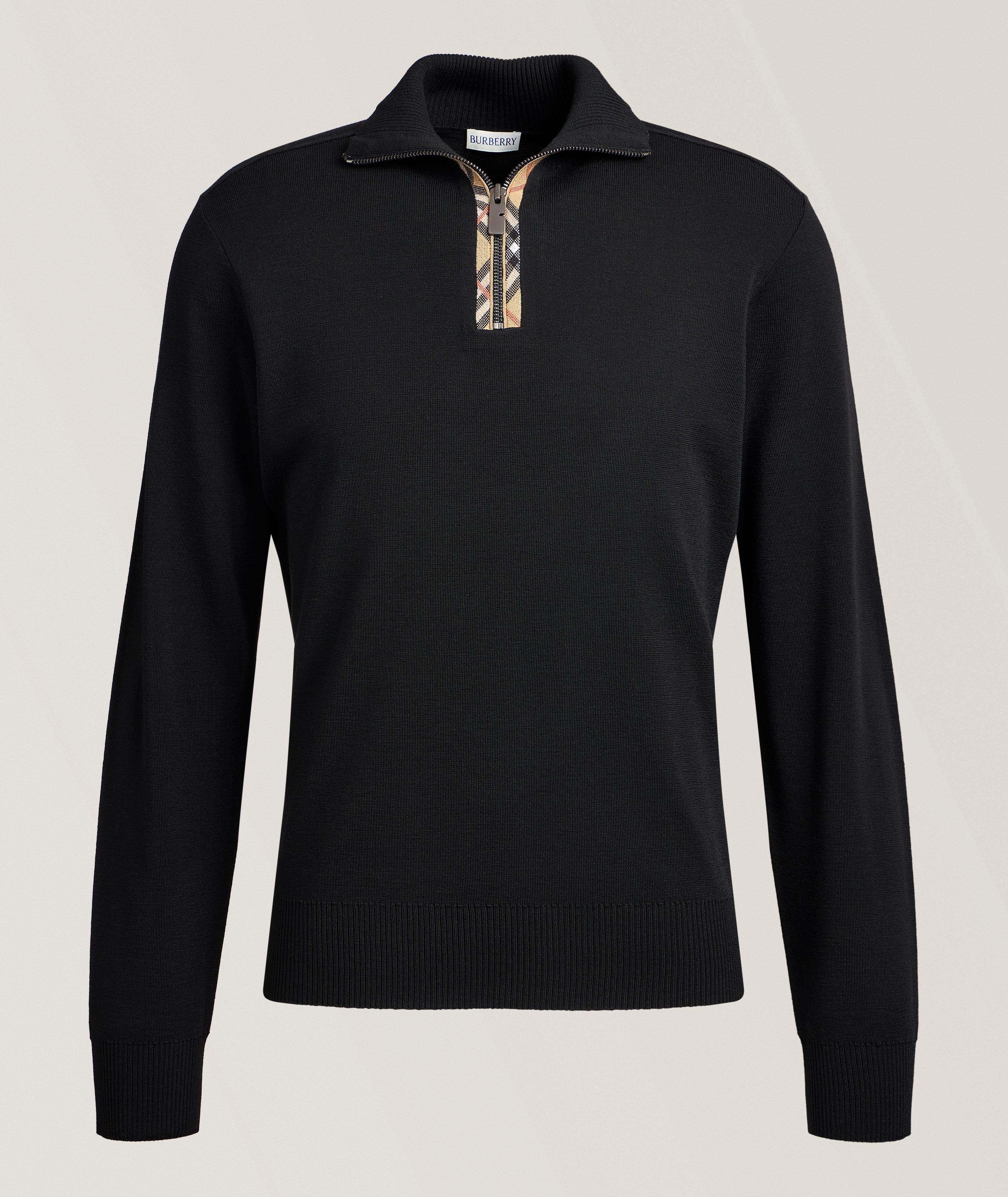 Checked Trim Wool Quarter-Zip Sweater image 0