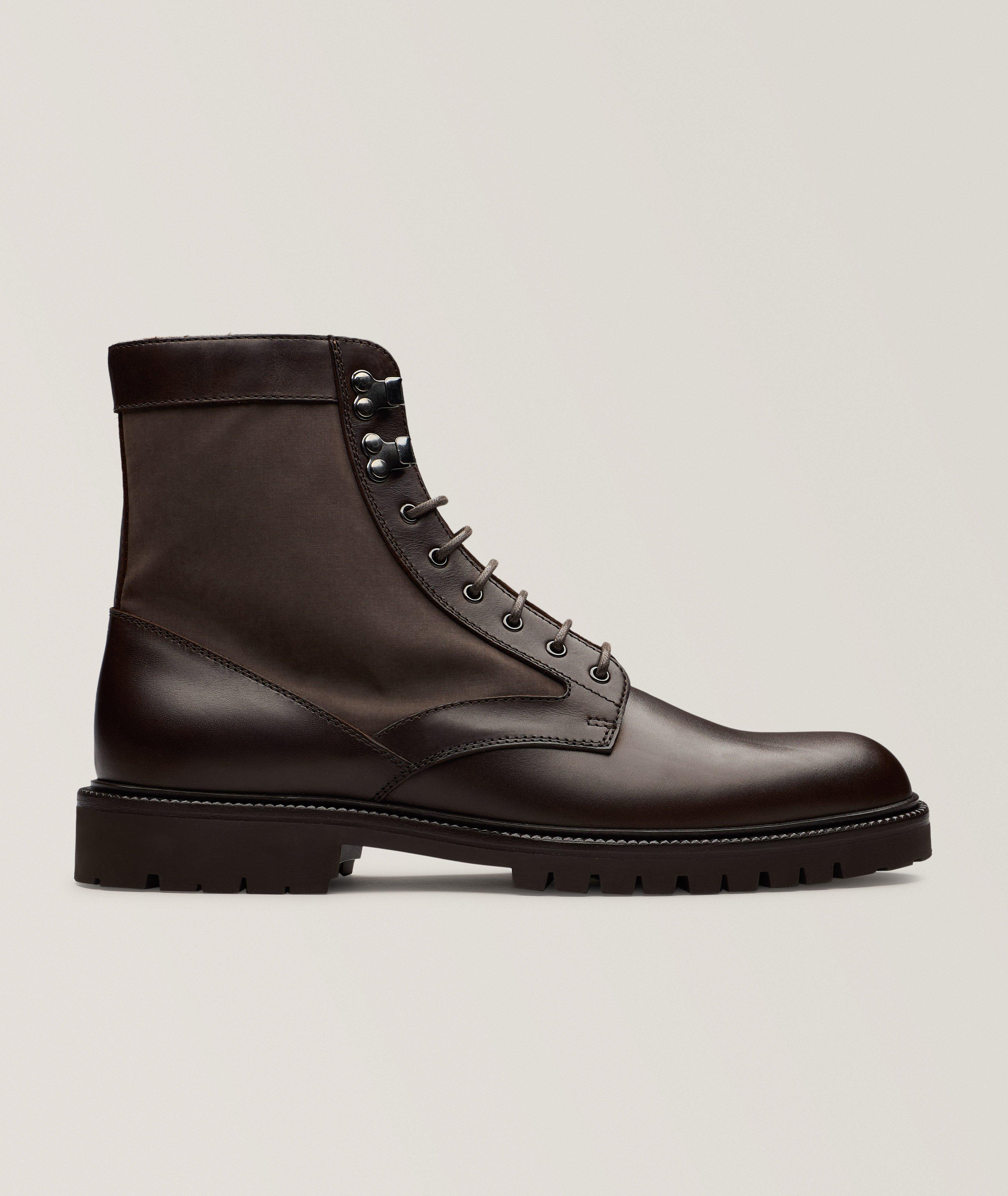 Brunello Cucinelli Leather & Canvas Lace-Up Lug Boots