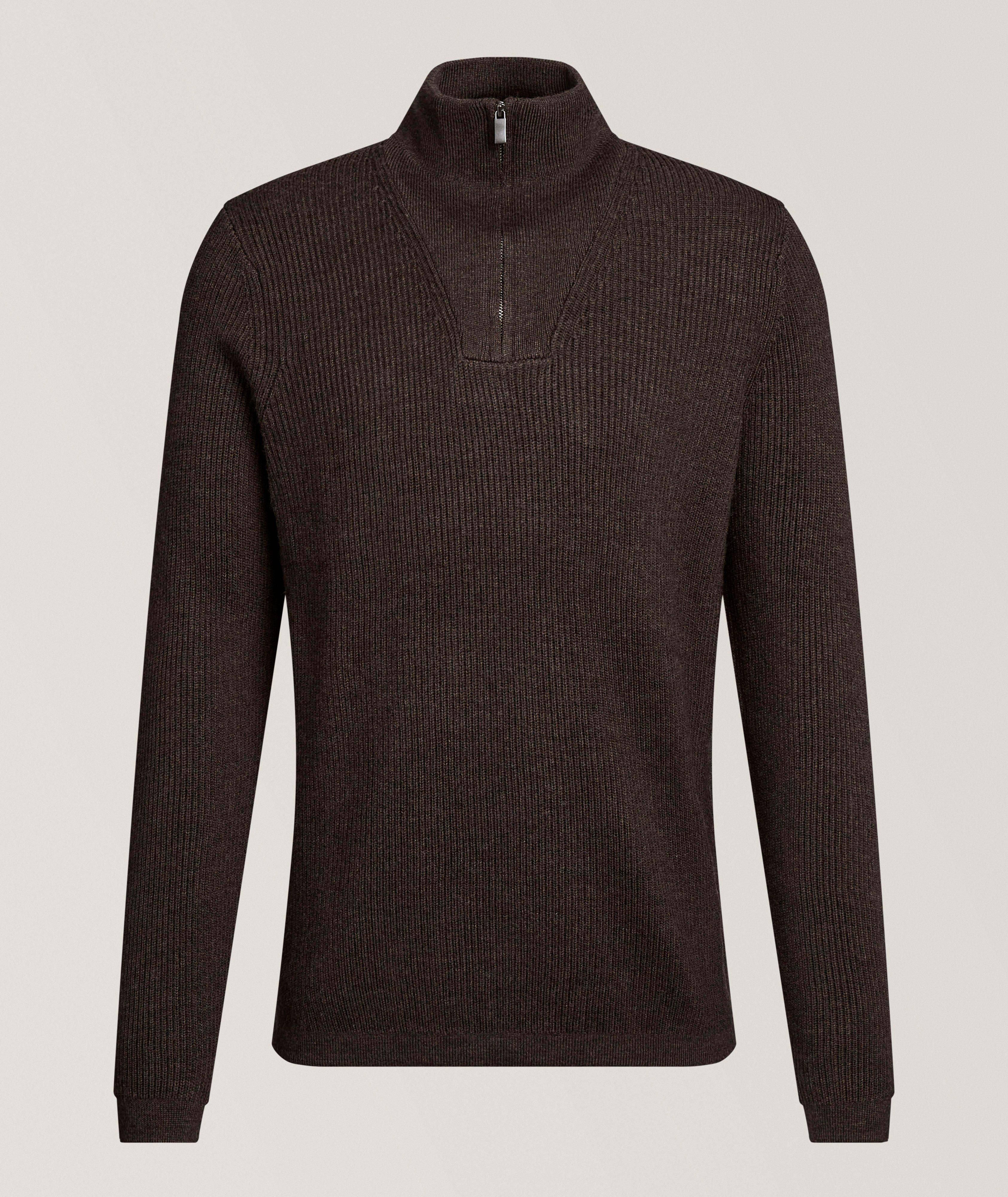 Patrick Assaraf PA BRWN MHGNY 1/4 MCK RIB ZIP SWTR