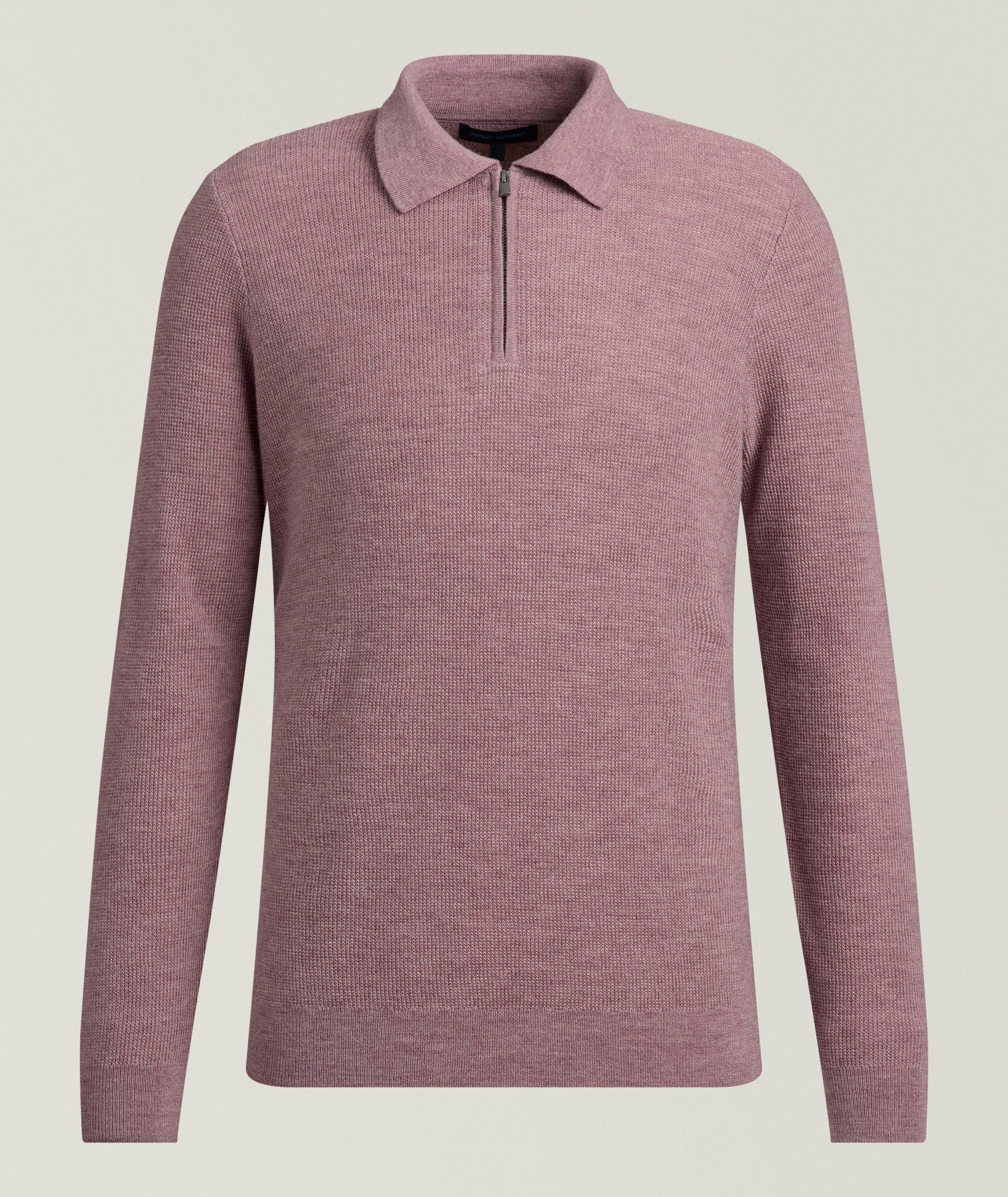 Patrick Assaraf Ribbed Merino Wool Quarter-Zip Polo