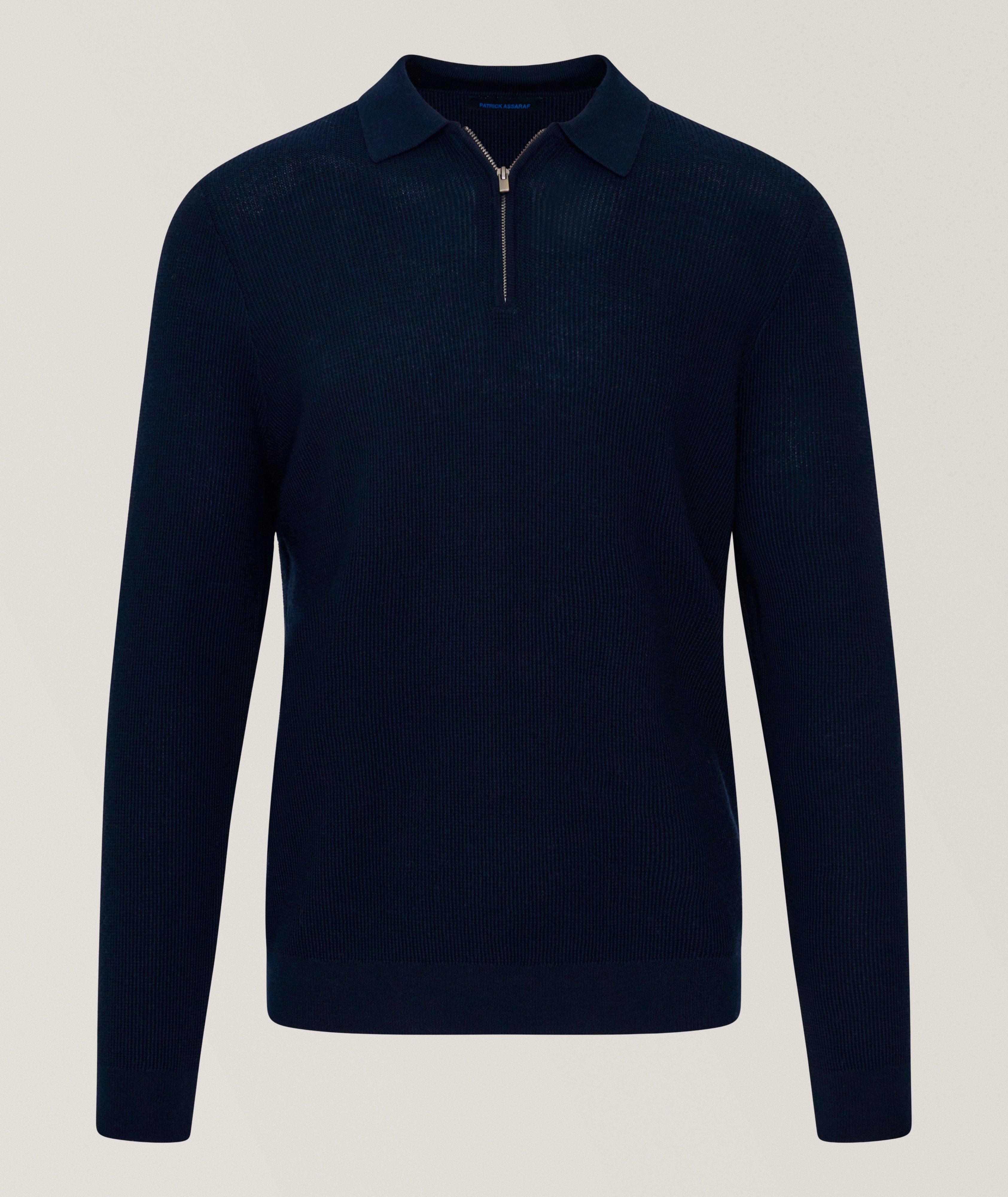 Patrick Assaraf Ribbed Merino Wool Quarter-Zip Polo