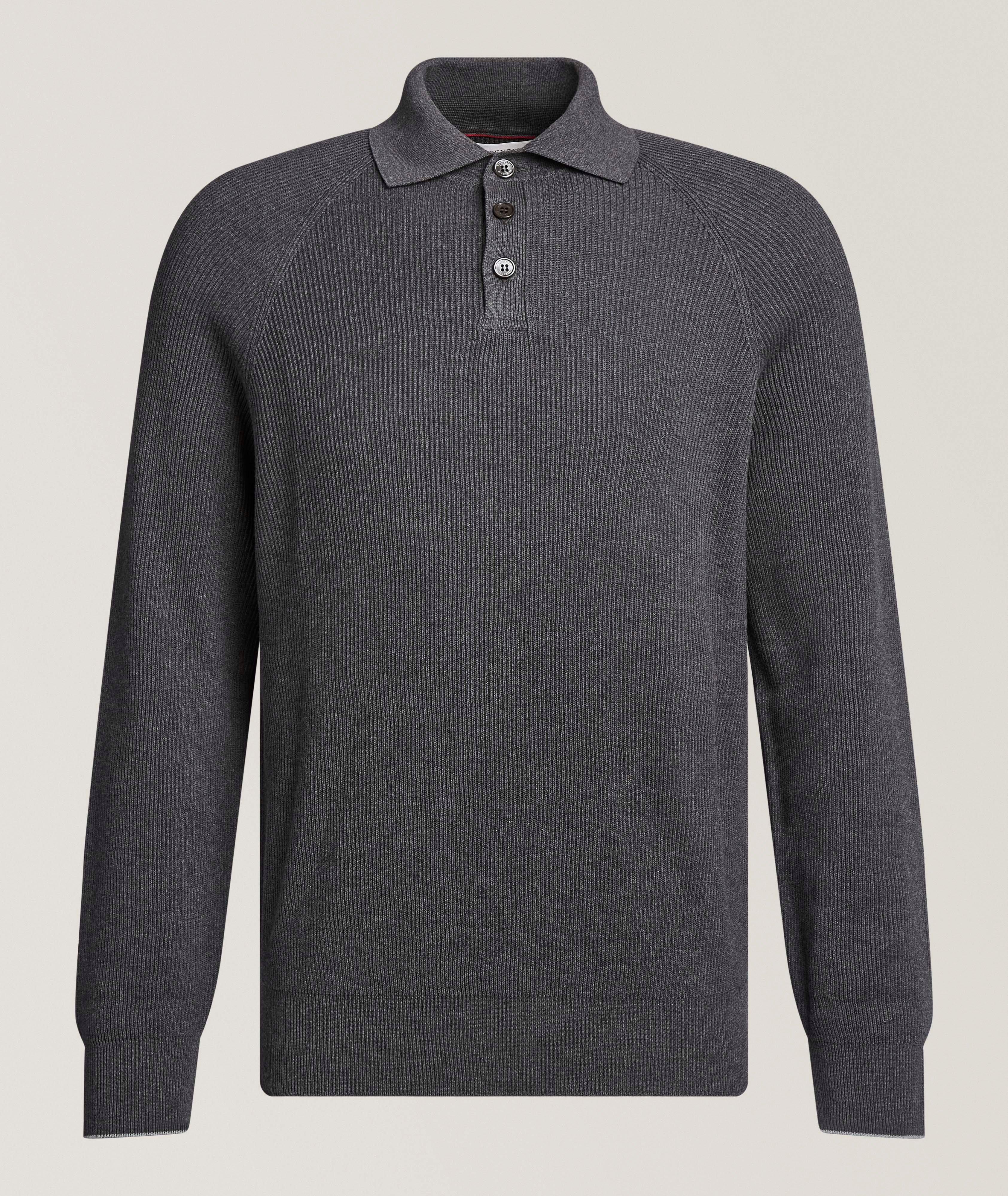 Brunello Cucinelli Ribbed Raglan Cotton Polo Sweater