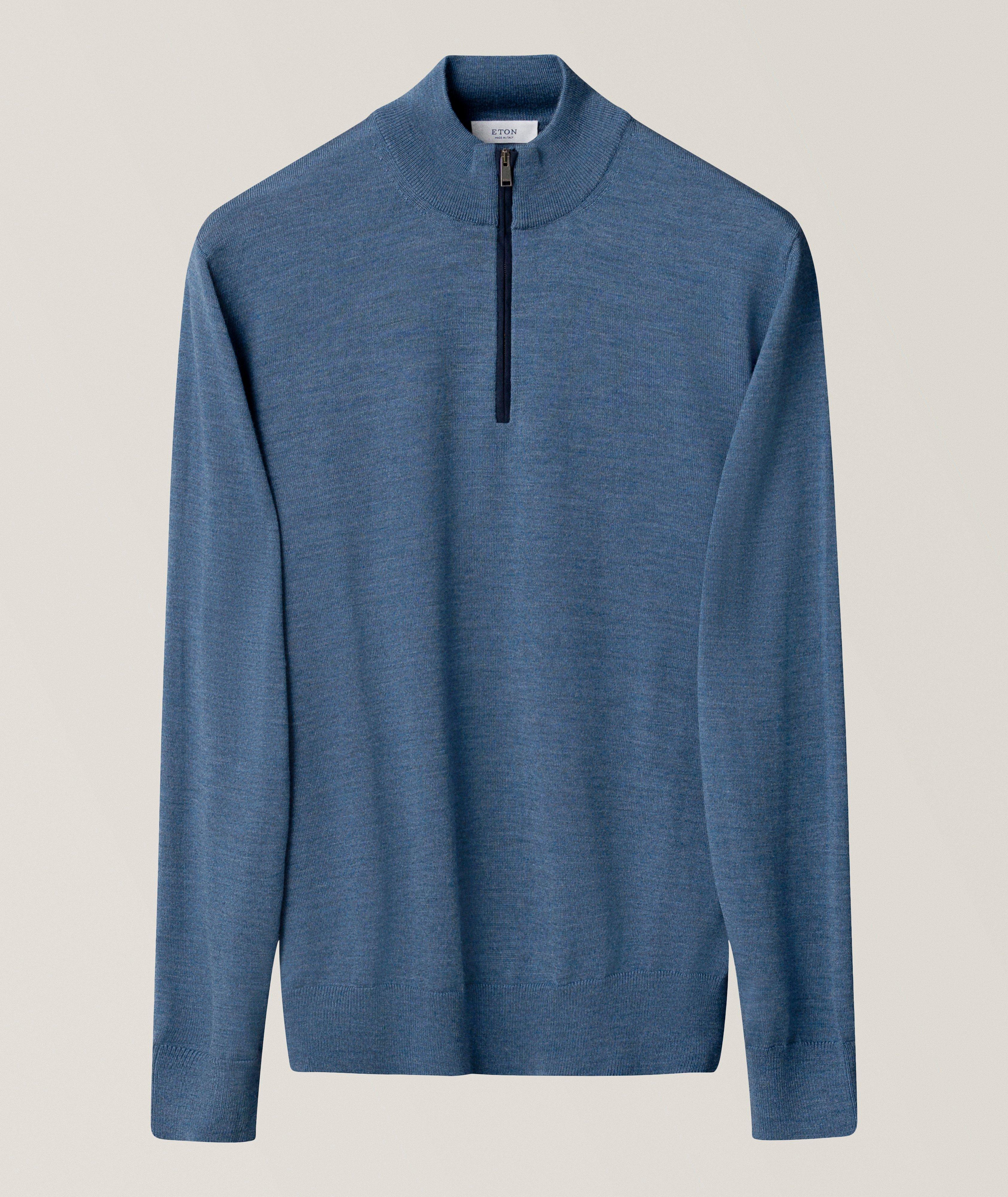 Eton ETON LT BLUE MERINO QUARTER ZIP KNIT SWEATER
