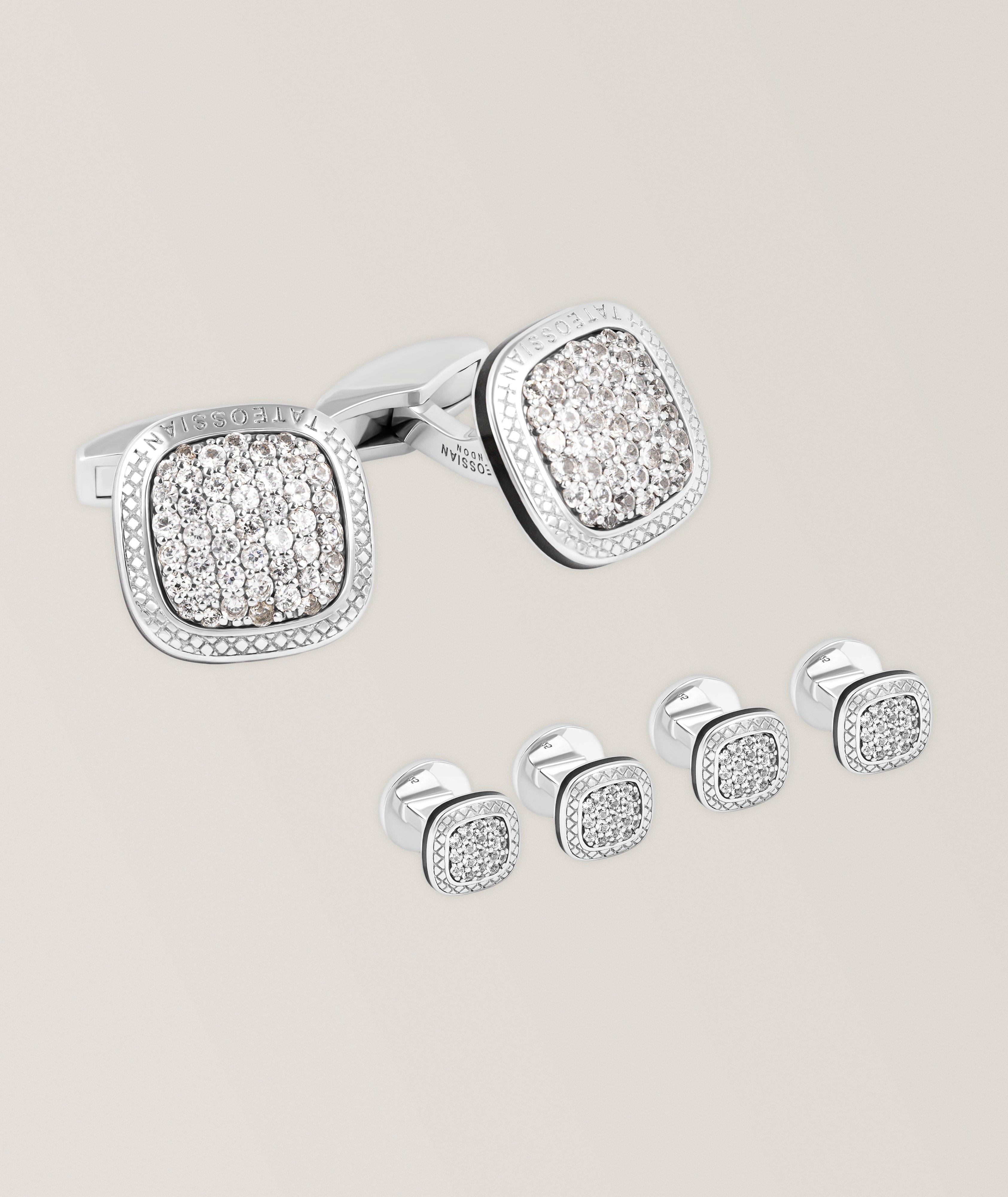 Tateossian Rhodium & White Sapphire Cufflinks & Studs Set