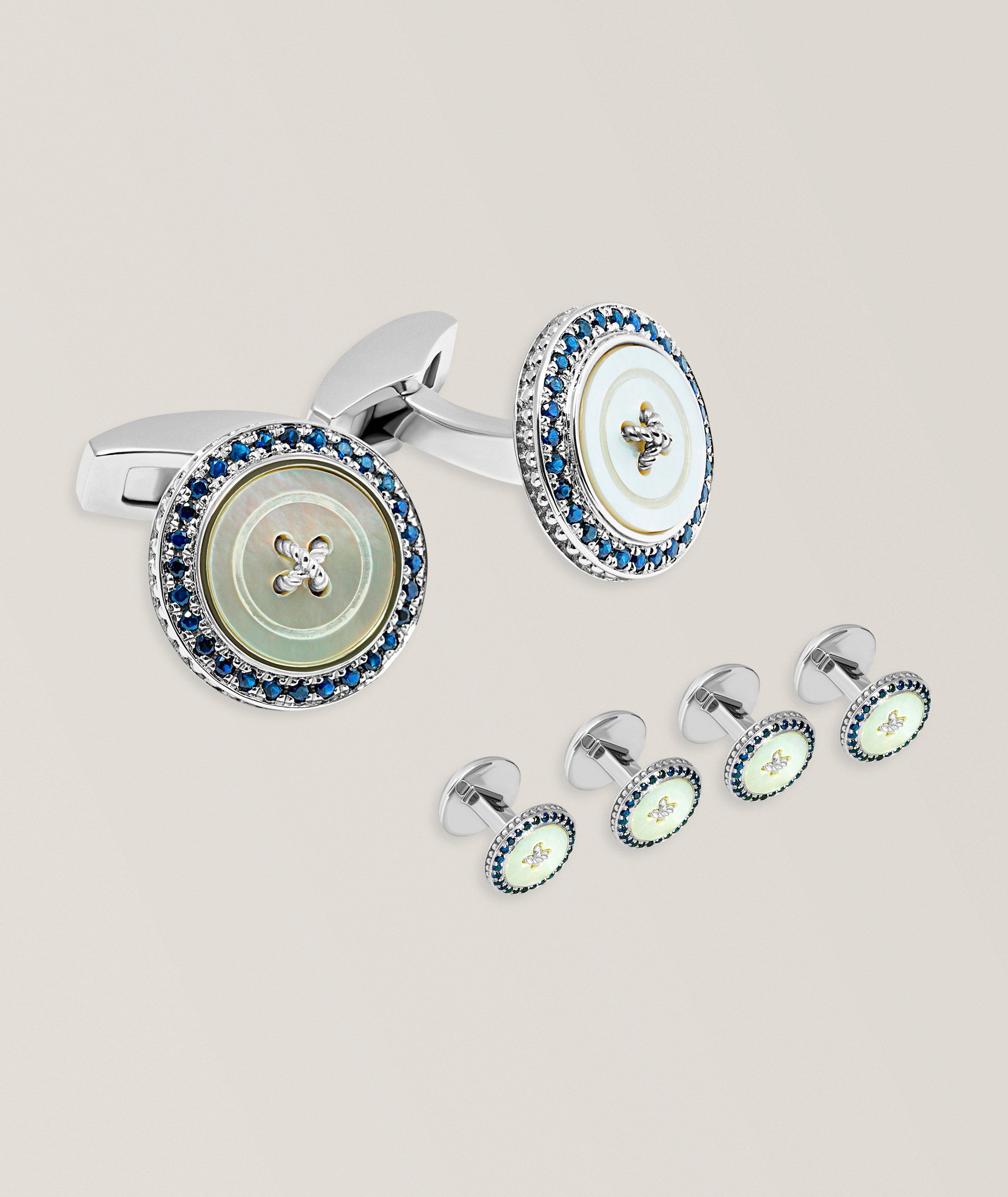Tateossian Mother-Of-Pearl & Sapphire Cufflinks & Studs Set