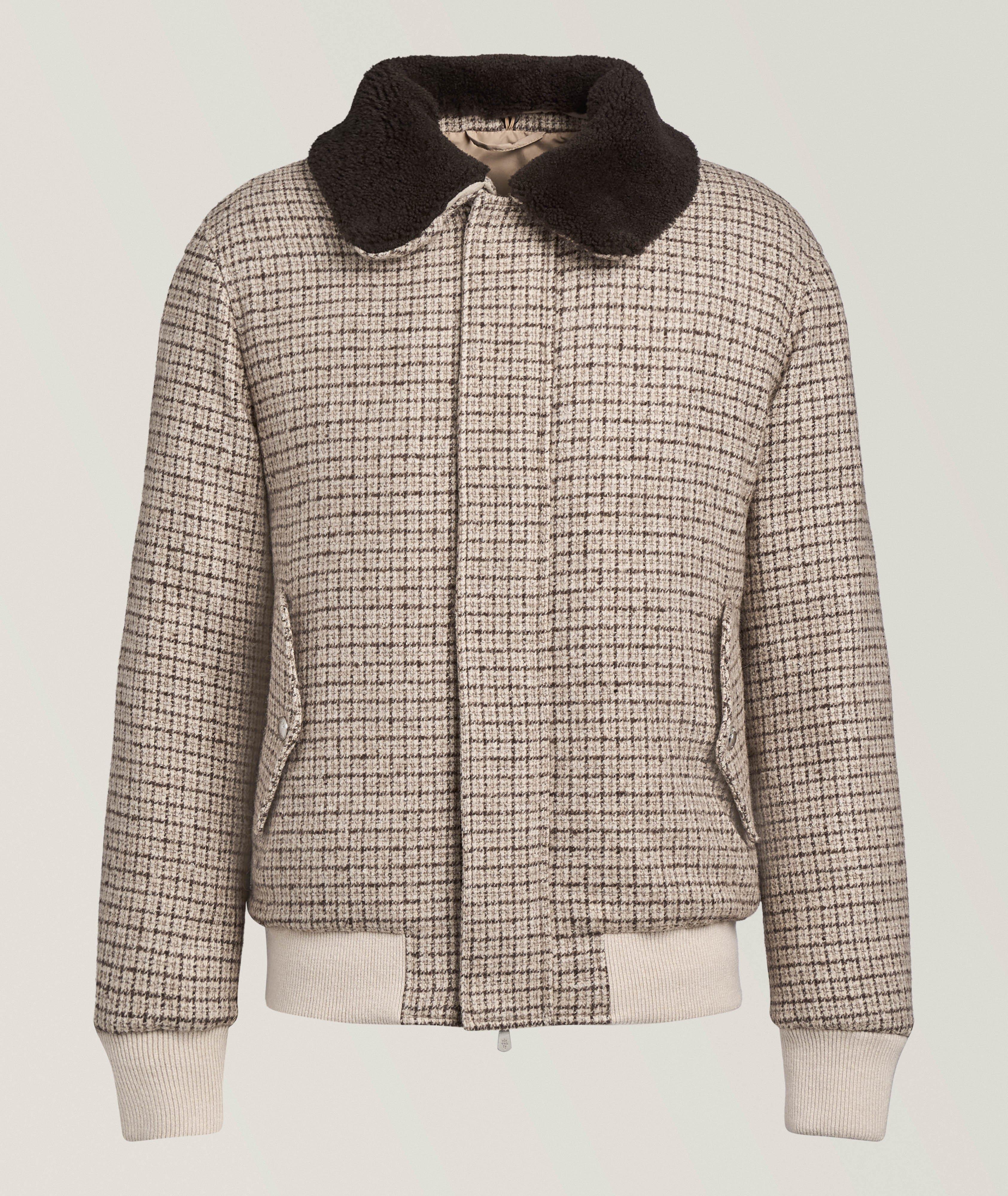 Eleventy Checked Shearling Wool-Blend Bomber