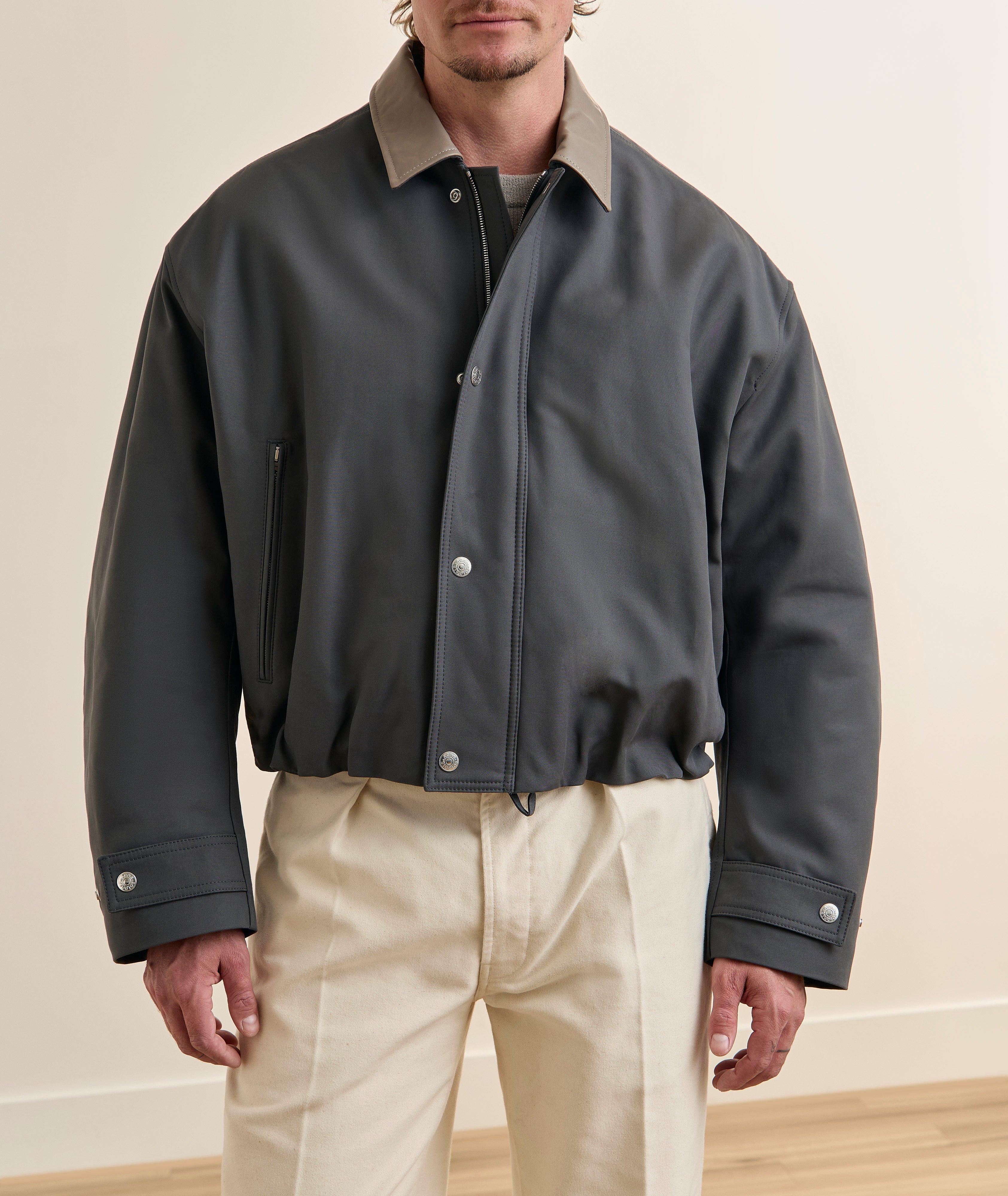 Leather-Collar Cropped Twill Bomber Jacket image 1