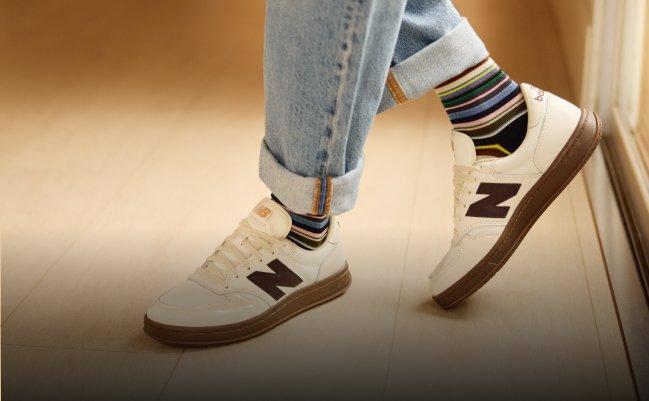 An off-white pair of sneakers