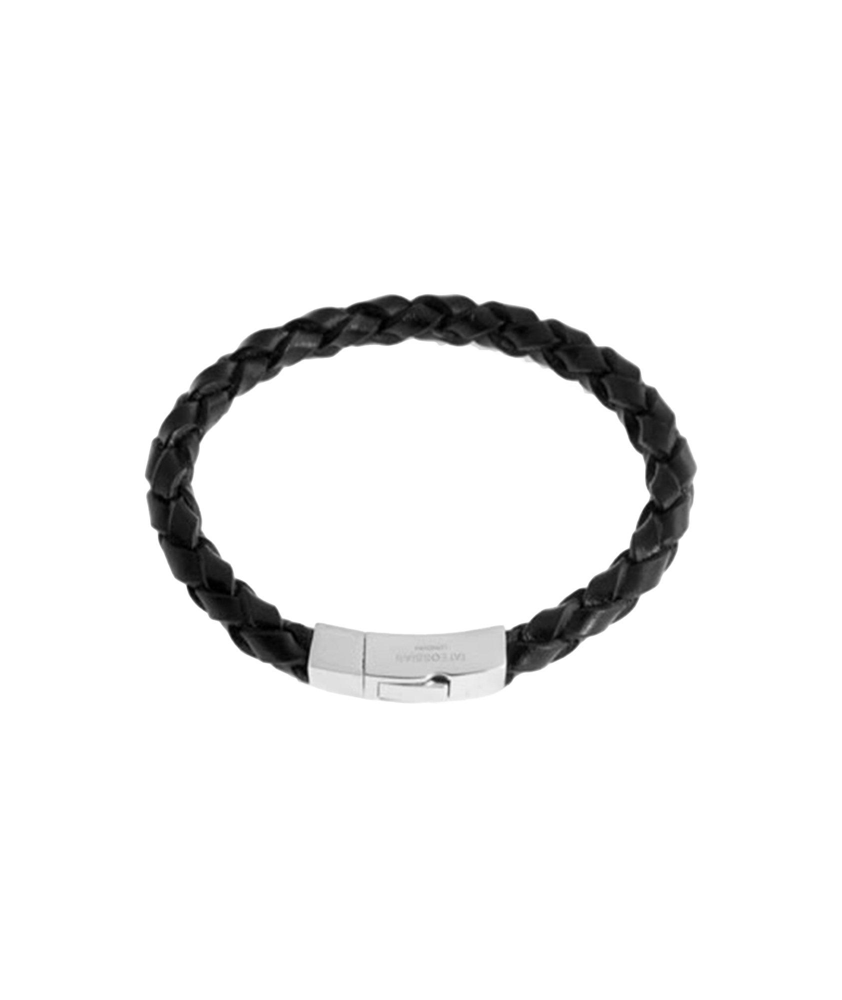 Black Leather & Silver Single Braid Bracelet image 0