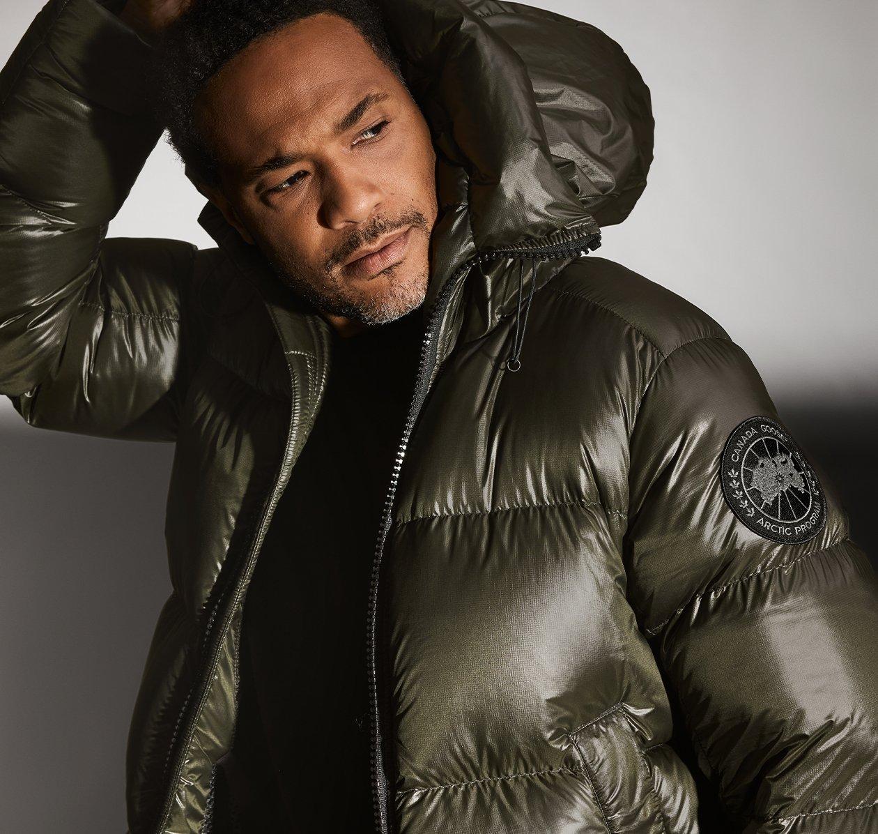 male model wearing Canada Goose puffer jacket