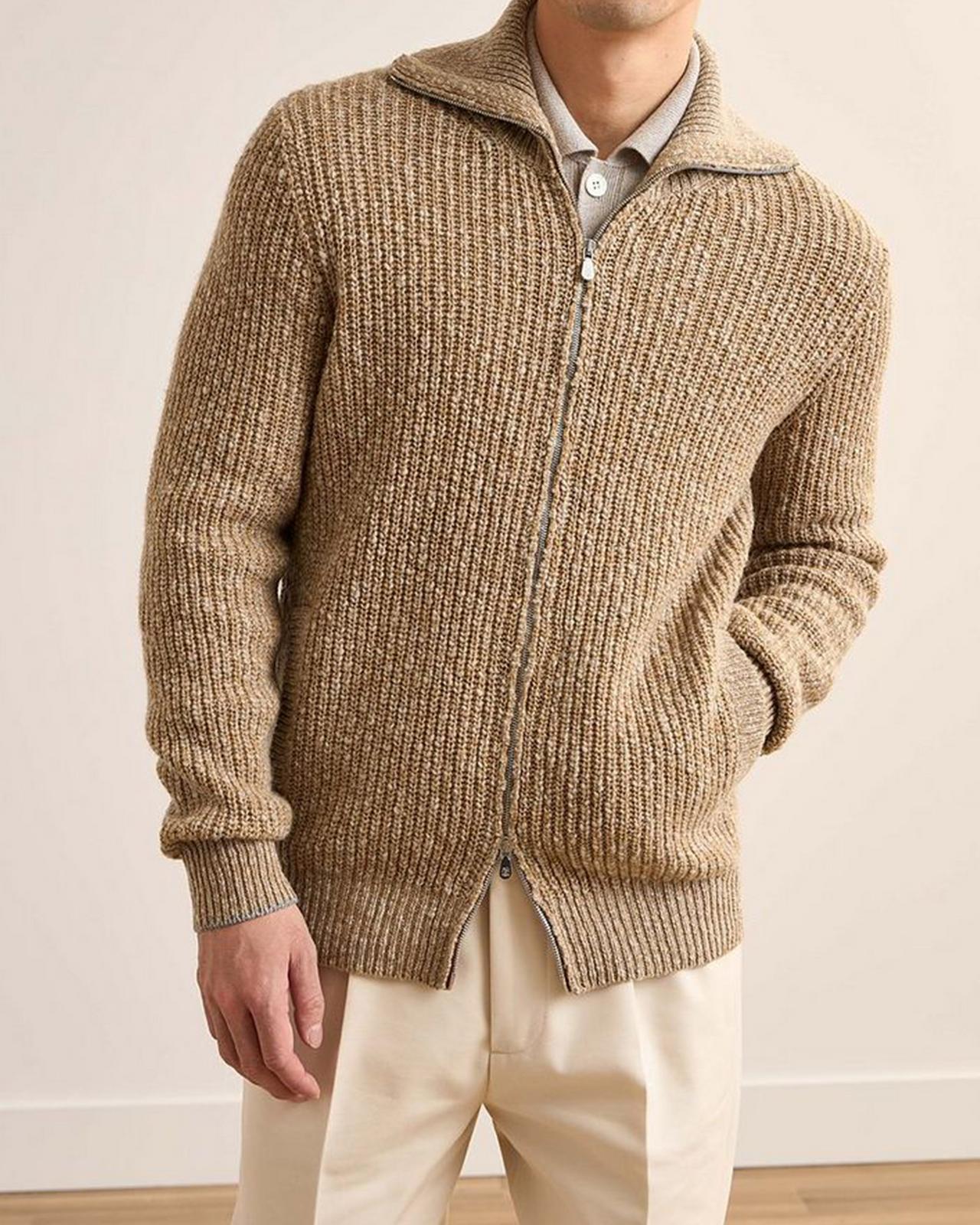 Male model wearing zip up sweater illustrating cold-weather cozy sweaters & knits