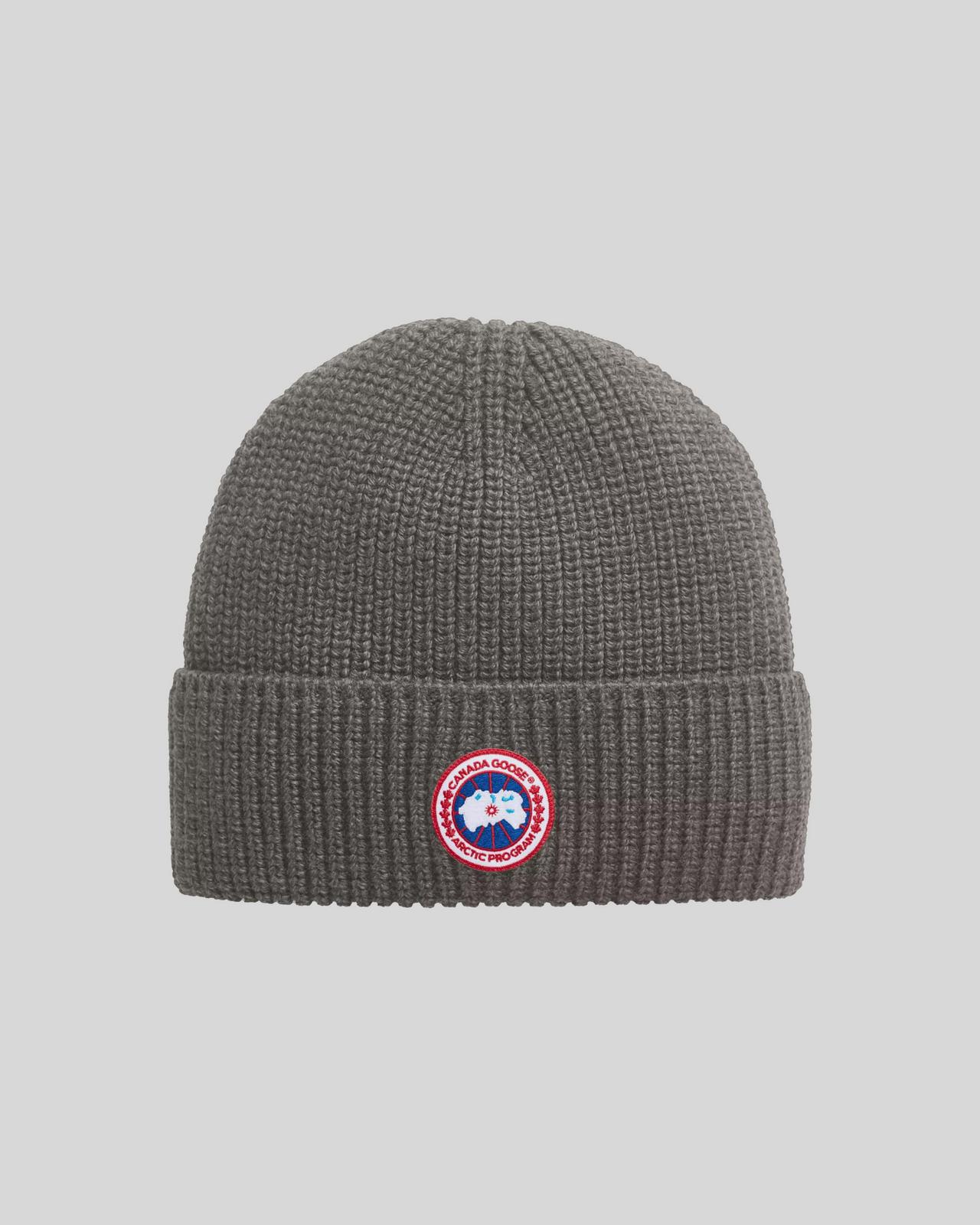 Tuque en tricot côtelé de laine avec écusson de marque, Canada Goose 
