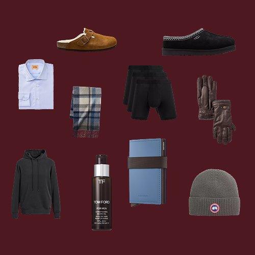 A collage of gifts on a dark red background