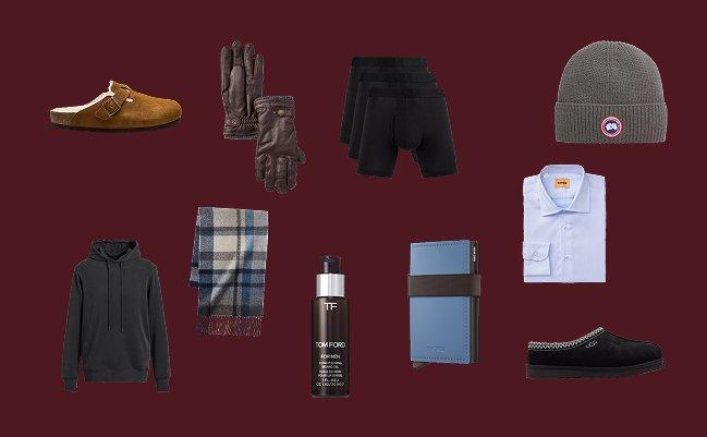 A collage of gifts on a dark red background