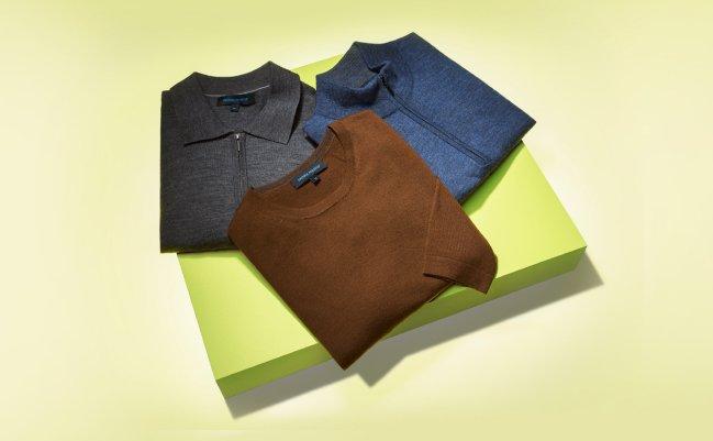 A brown, grey, and navy sweater styled on a lime green set