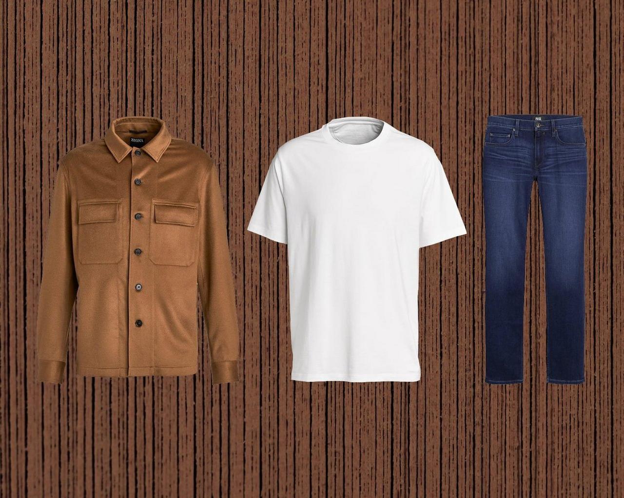 T-shirt blanc, jeans bleus et chemise brune sur fond brun.