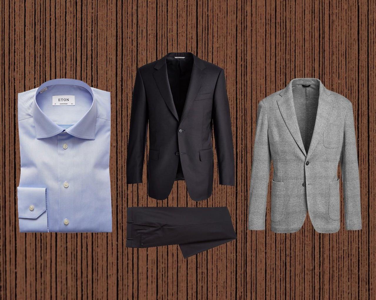 Light Grey coat, dark grey suit and white dress shirt on the brown background