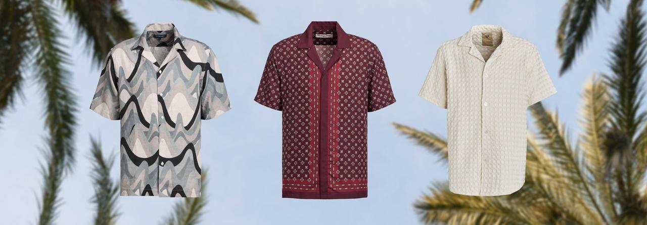 Une chemise à col camp brodée jaune RPRESENT, une chemise à col camp corail ZEGNA, une chemise à col camp violette HUGO