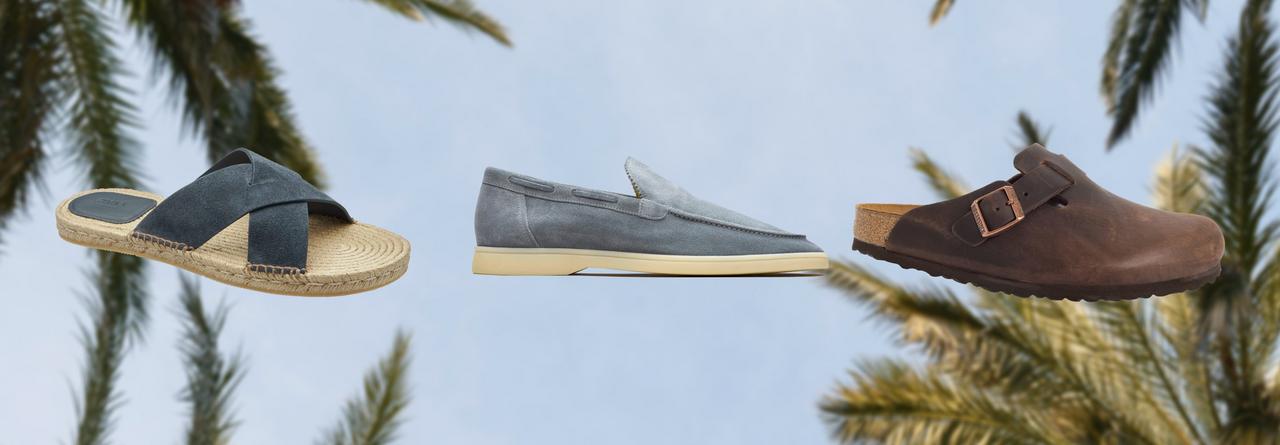 Une sandale Brunello Cucinelli marron, une sandale Birkenstock grise et une sandale noire Prada