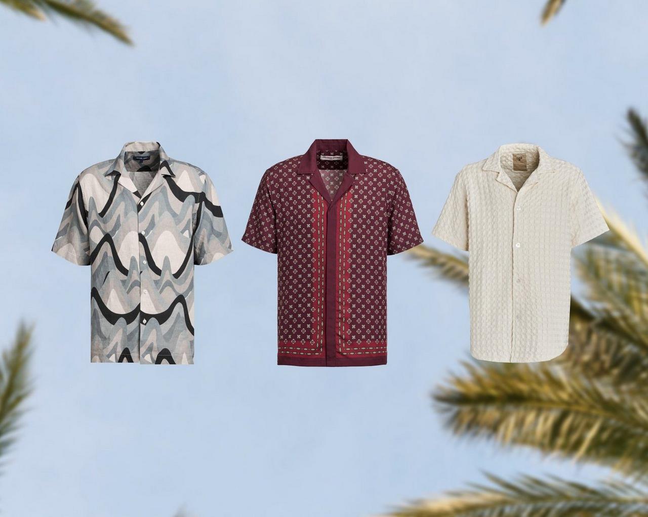 Une chemise à col camp brodée jaune RPRESENT, une chemise à col camp corail ZEGNA, une chemise à col camp violette HUGO