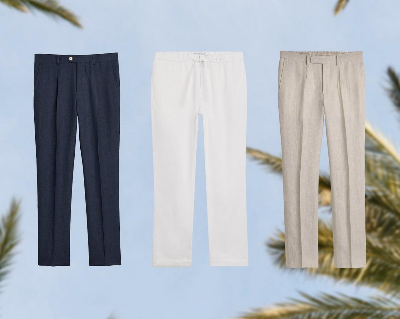 Un pantalon en lin bleu clair Agnona, un pantalon en lin bleu marine Patrick Assaraf, un pantalon en lin blanc Patrick Assaraf