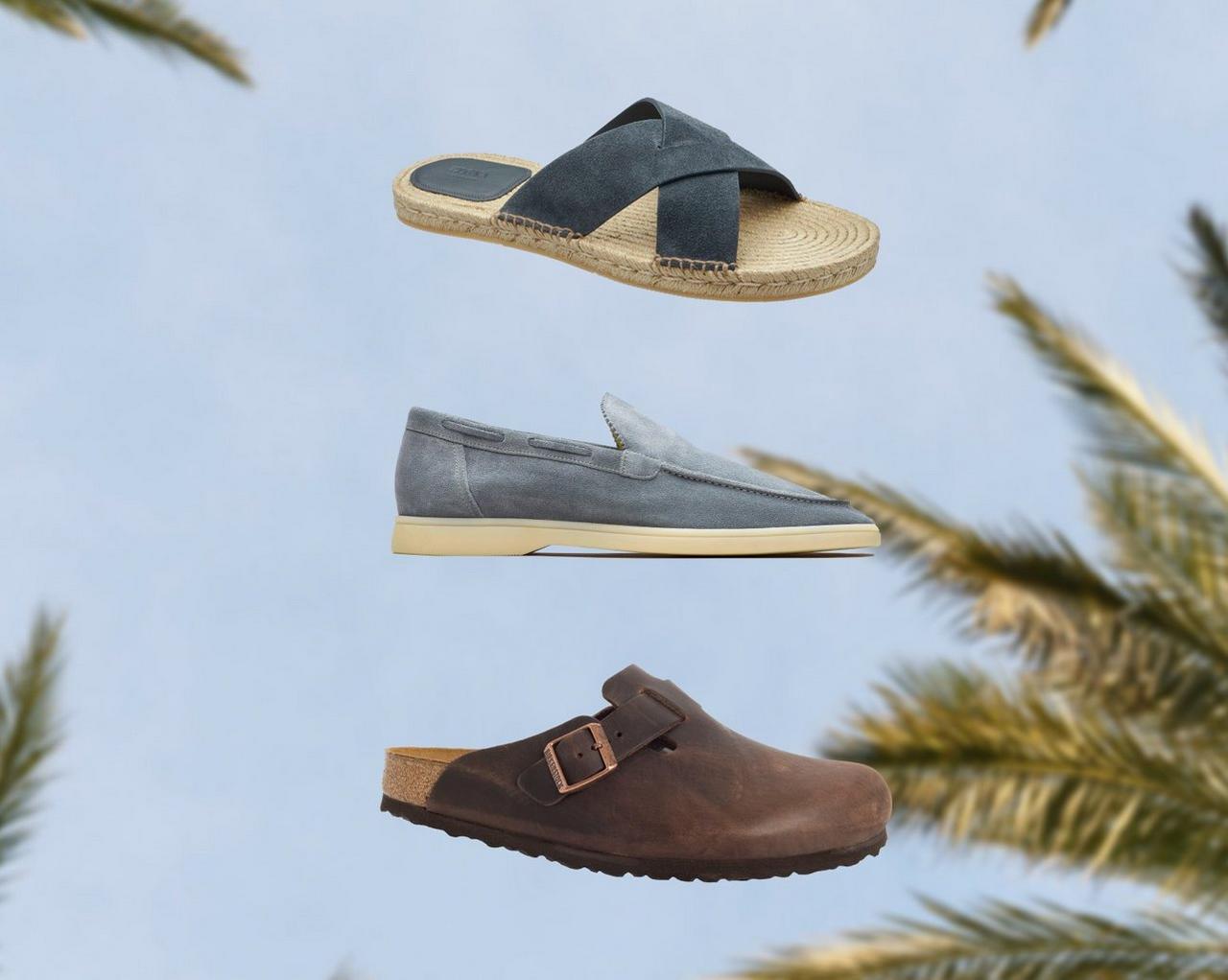 A brown Brunello Cucinelli sandal, a grey Birkenstock sandal and a black Prada sandal