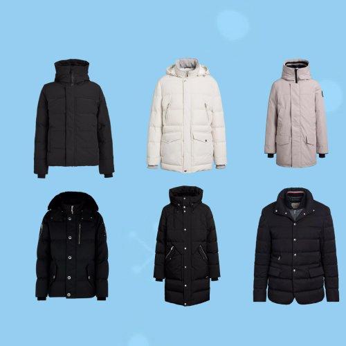 Assorted winter coats and jackets displayed on a light blue background