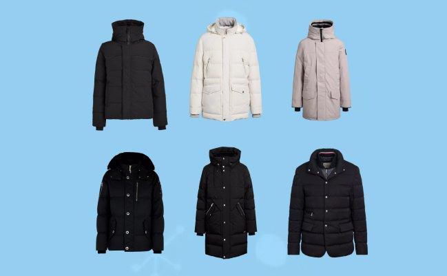 Assorted winter coats and jackets displayed on a light blue background
