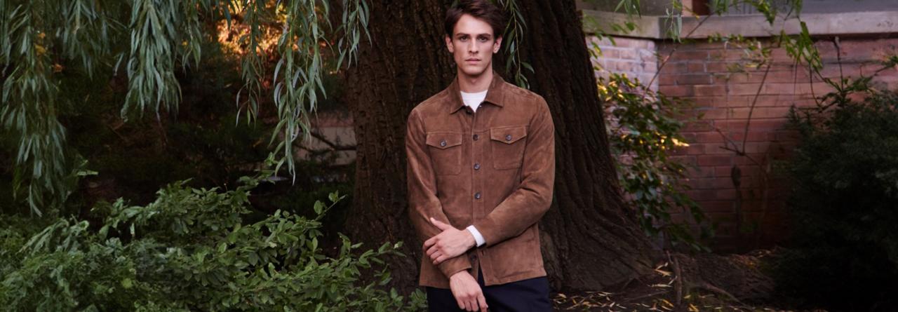 Model wearing a Patrick Assaraf brown overshirt