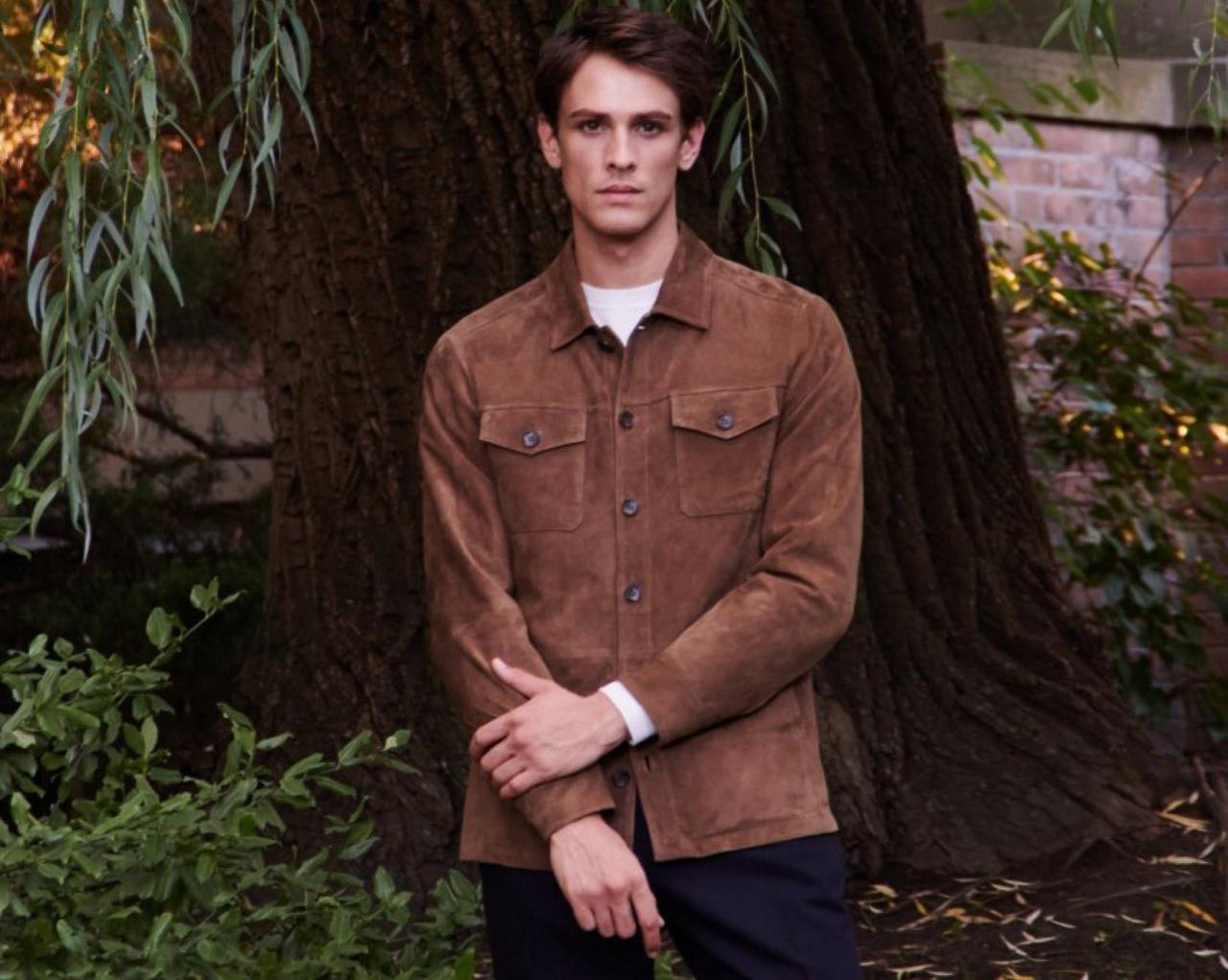 Model wearing a Patrick Assaraf brown overshirt