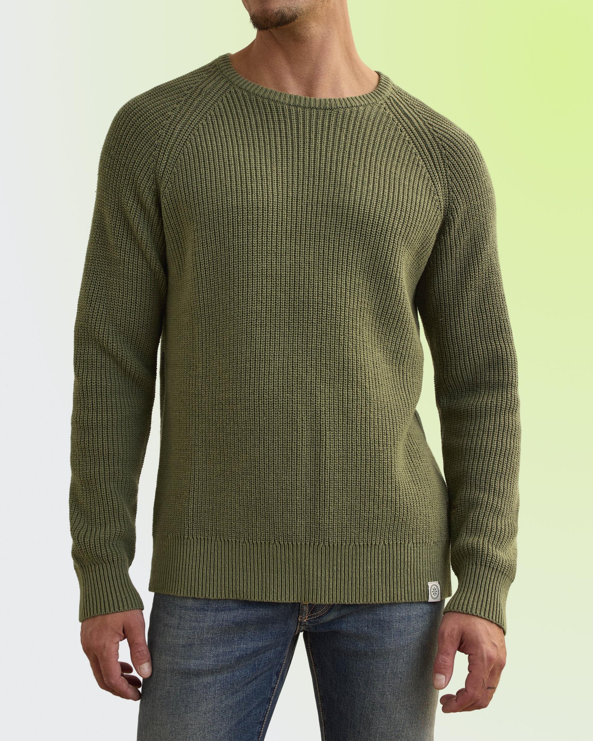 An olive crew neck sweater with a textured ribbed pattern and long sleeves