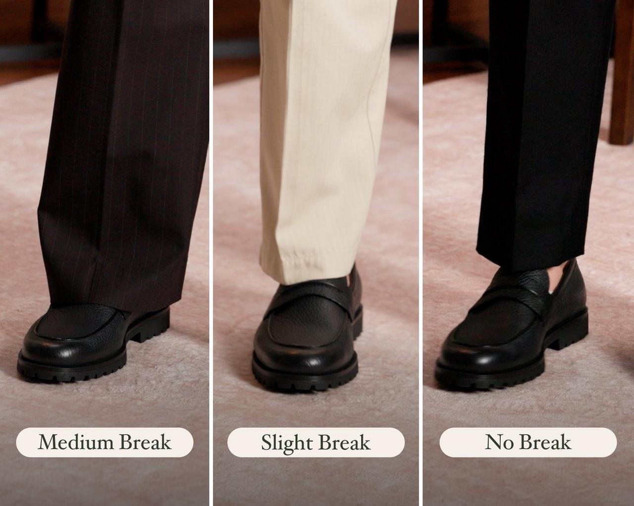 three different styles of men's trousers: slim fit, straight fit, and wide fit, each paired with black dress shoes