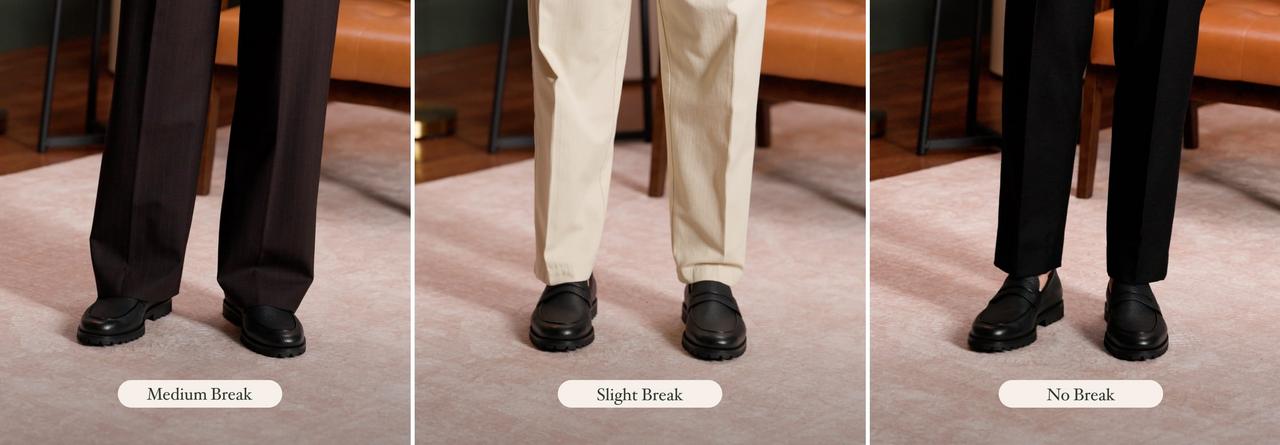 three different styles of men's trousers: slim fit, straight fit, and wide fit, each paired with black dress shoes