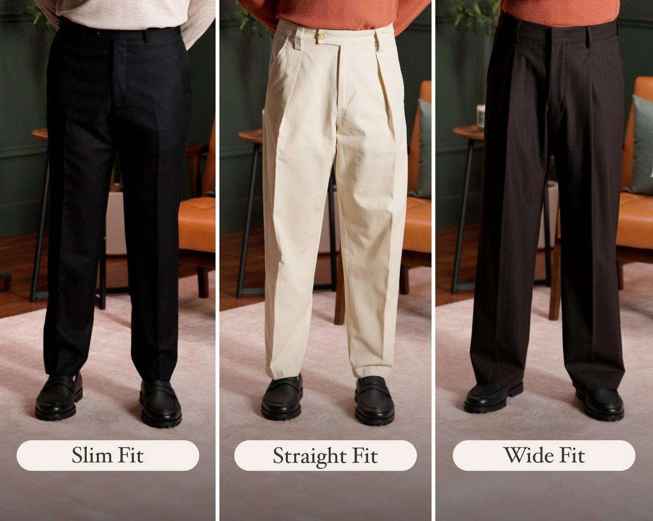 three different styles of men's trousers: slim fit, straight fit, and wide fit, each paired with black dress shoes