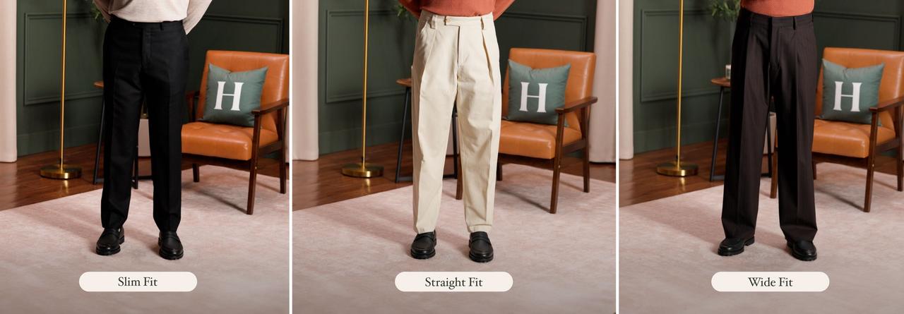 three different styles of men's trousers: slim fit, straight fit, and wide fit, each paired with black dress shoes