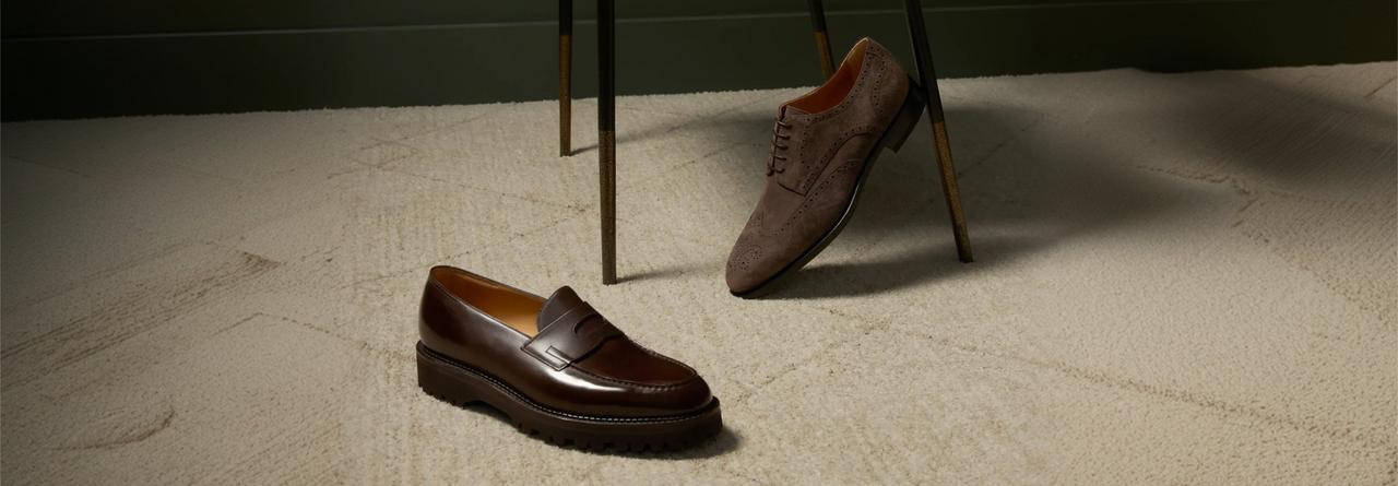 glossy brown leather upper and a suede-look sole shoes