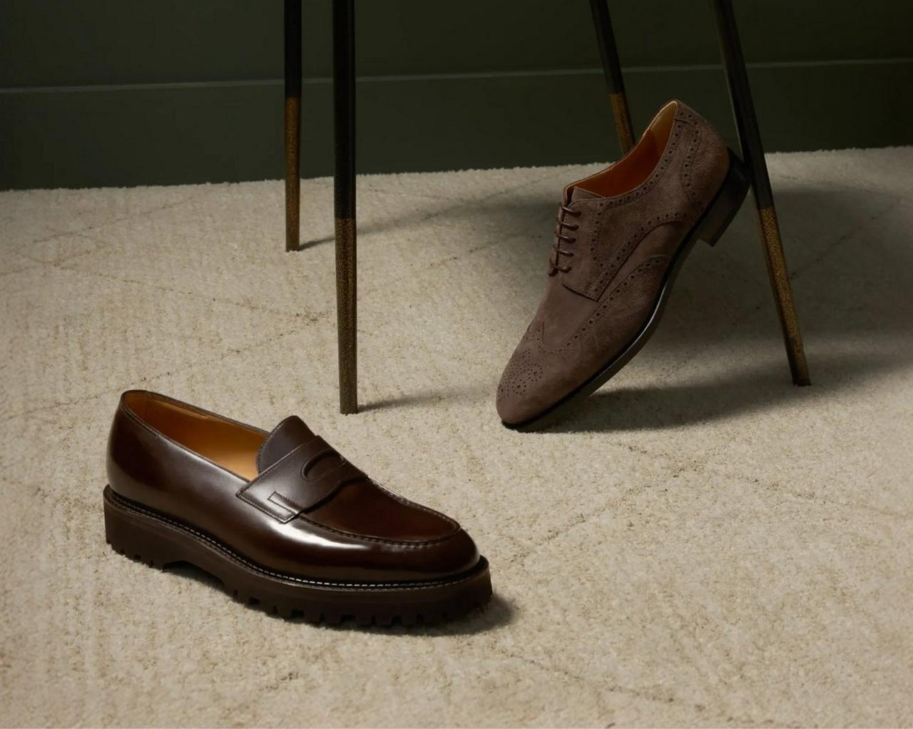 glossy brown leather upper and a suede-look sole shoes