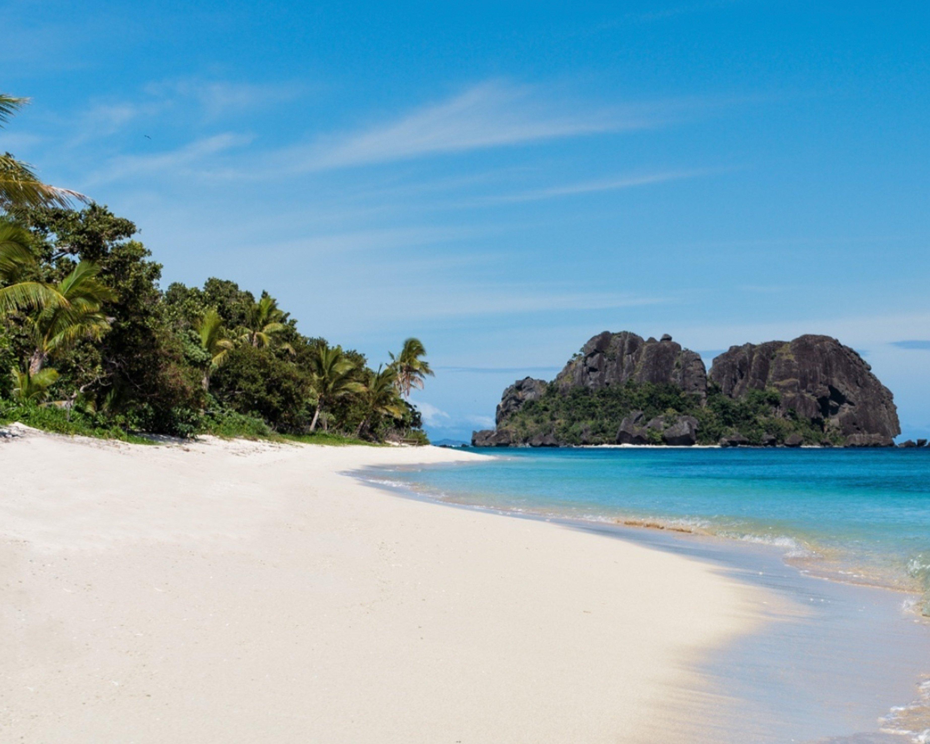 A beach with a white sand and a few trees