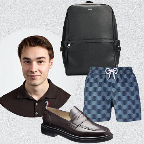 A man with black bag, blue patterned swim trunks, and Thom Browne loafers